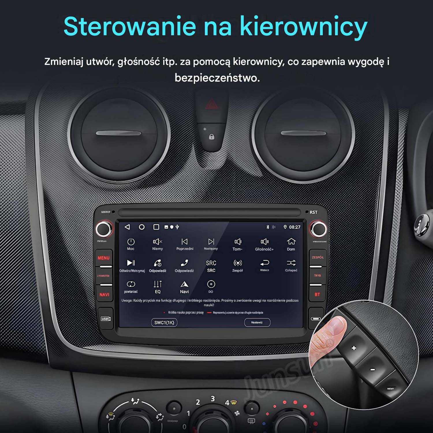 Deska rozdzielcza samochodu z radiem dotykowym i elementami sterującymi, skupiona na sterowaniu kierownicą.