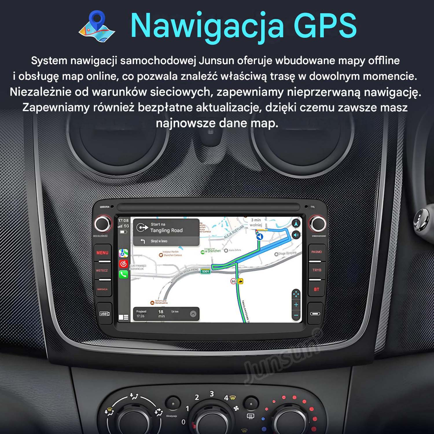 Deska rozdzielcza samochodu z ekranem nawigacji GPS pokazującym trasę.