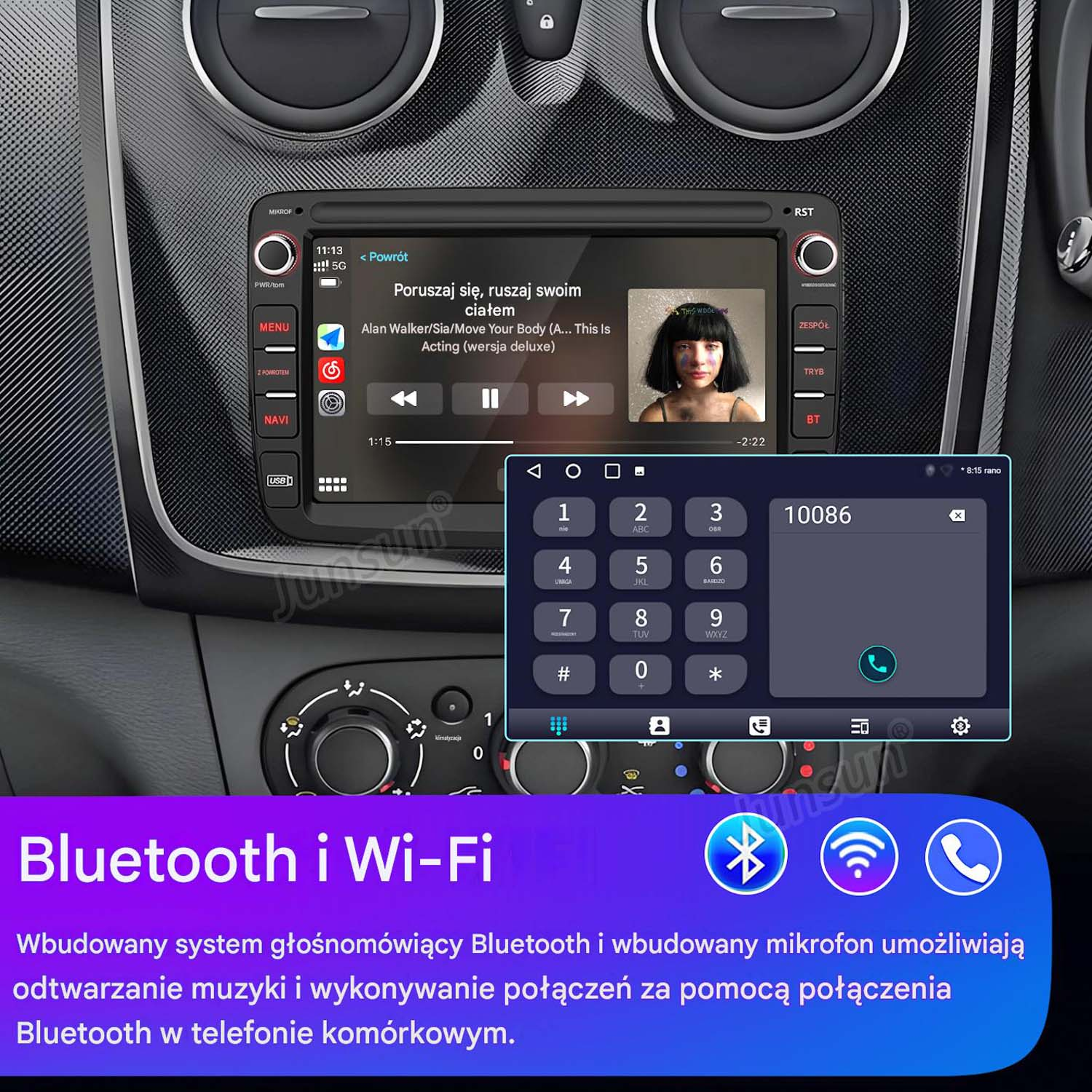 Samochodowy system multimedialny z ekranem dotykowym, klawiaturą telefonu i odtwarzaniem muzyki.