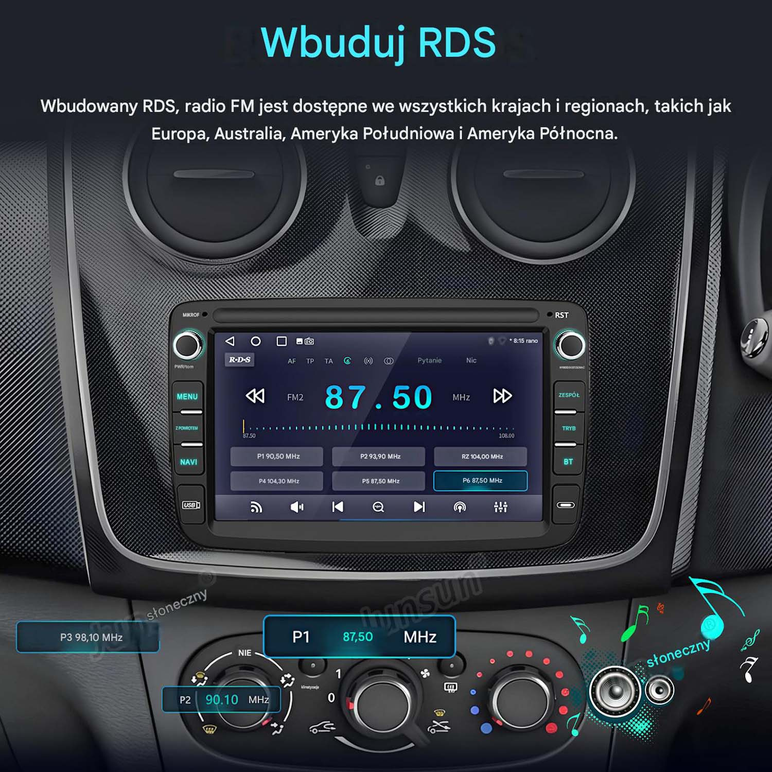 Radio samochodowe z RDS i funkcją FM, działające w wielu krajach.