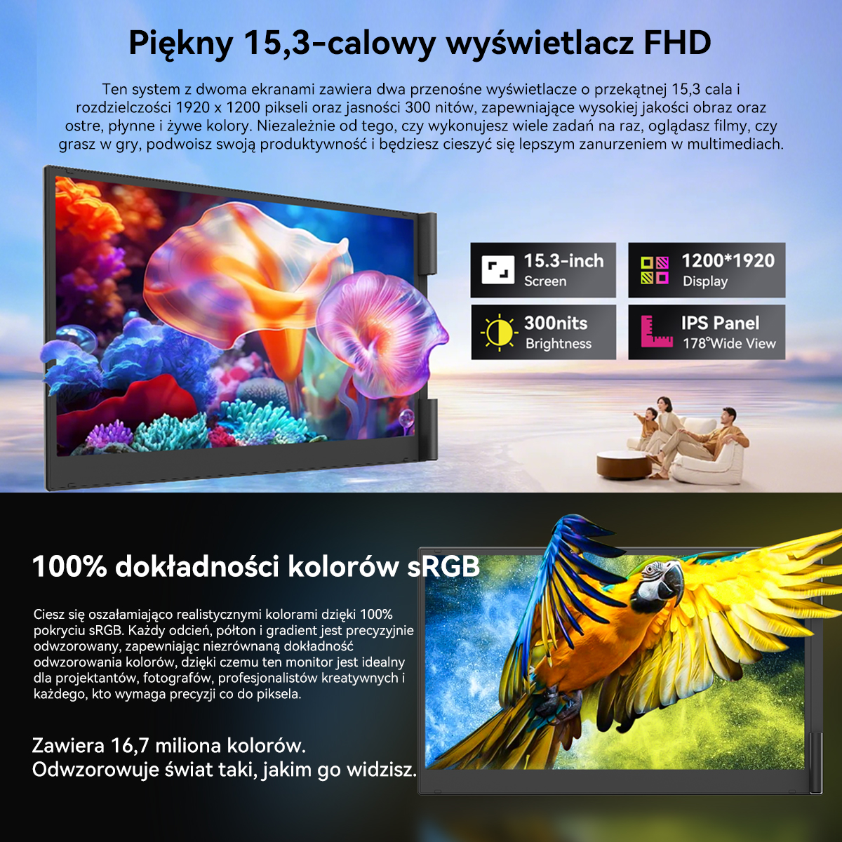 15,3-calowy monitor FHD o wysokiej rozdzielczości i żywych kolorach. Płaski ekran.
