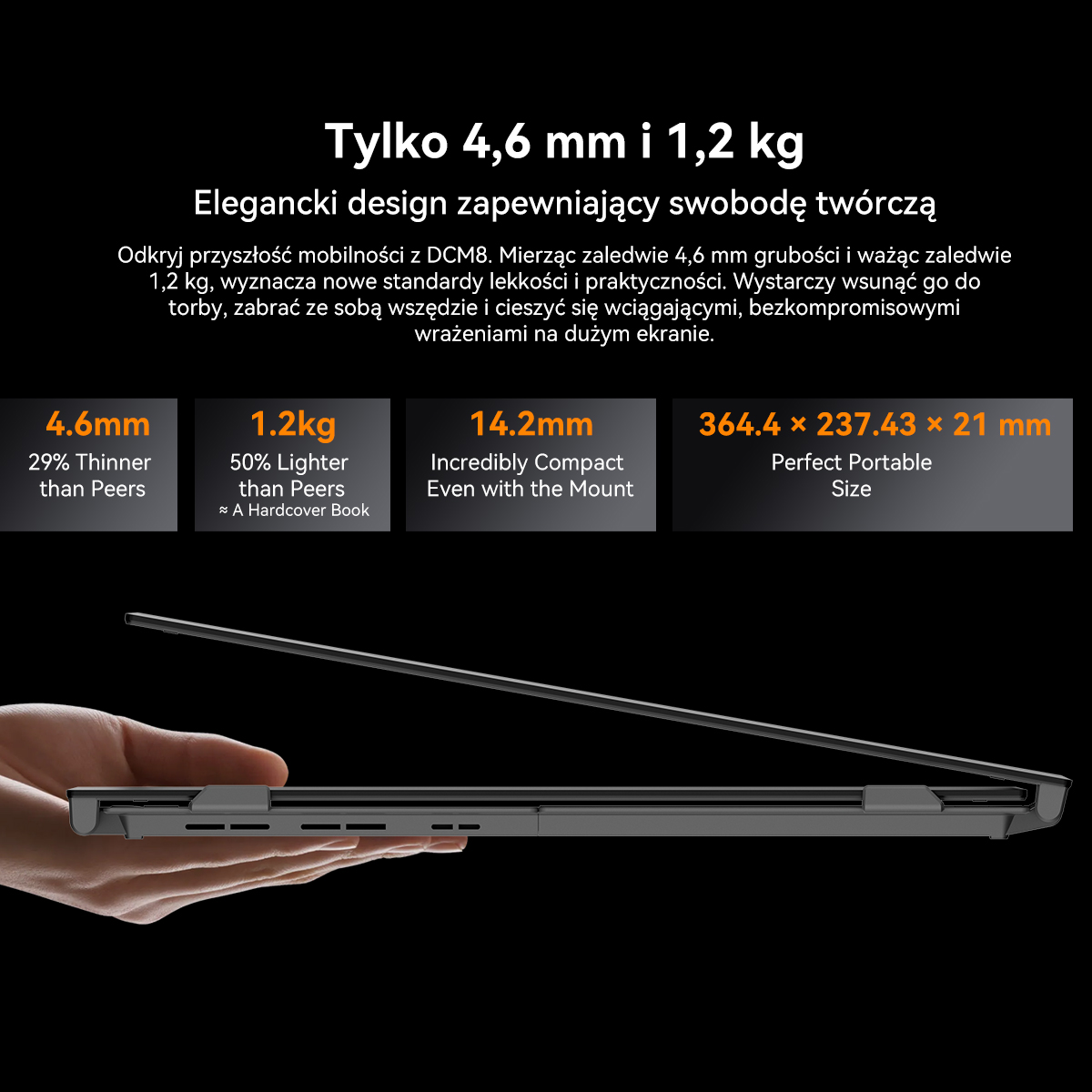 Cienki, ciemny laptop w dłoni, o grubości 4,6 mm.