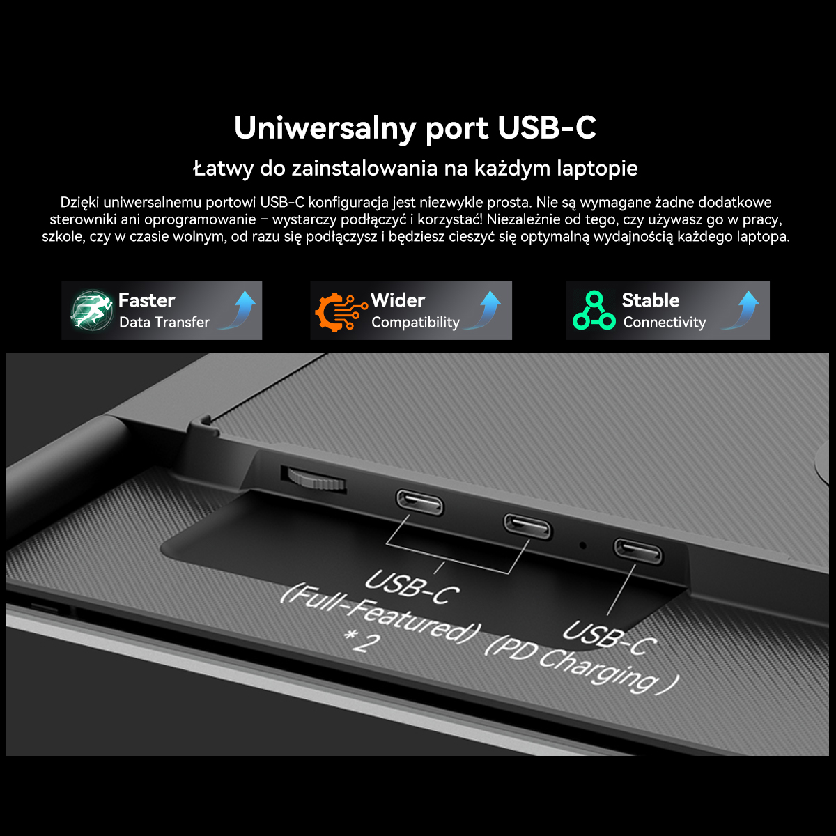 Zbliżenie portów USB-C w laptopie z tekstem o transferze danych, kompatybilności i łączności.