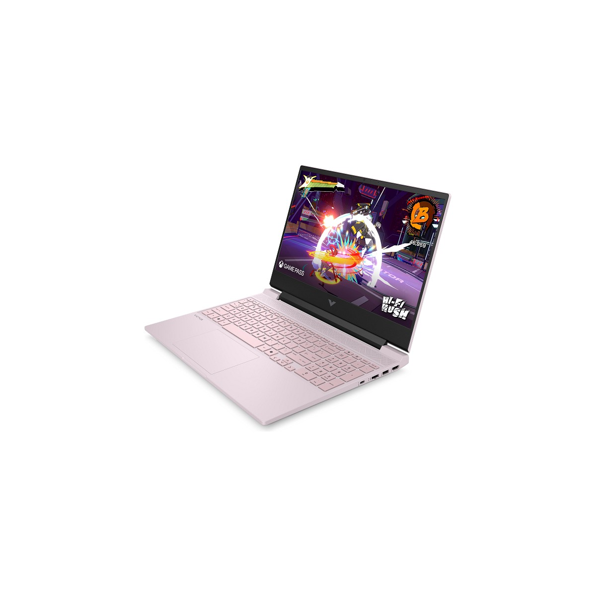 Pembe dizüstü bilgisayar açık, ekranda renkli bir video oyunu sahnesi gösteriyor.