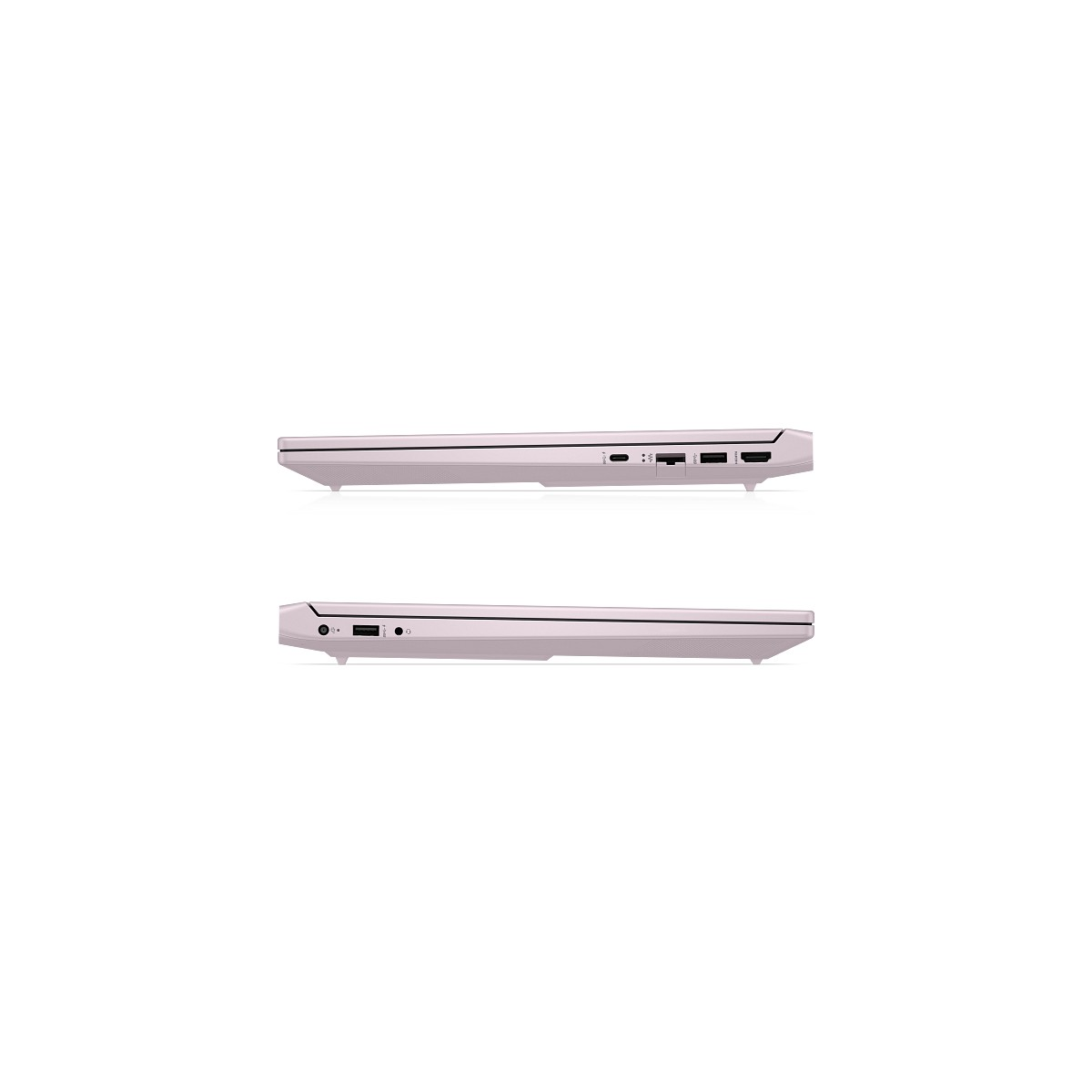 Açık pembe bir dizüstü bilgisayarın iki görünümü. Üst görünümde USB-C ve HDMI gibi bağlantı noktaları bulunur.
