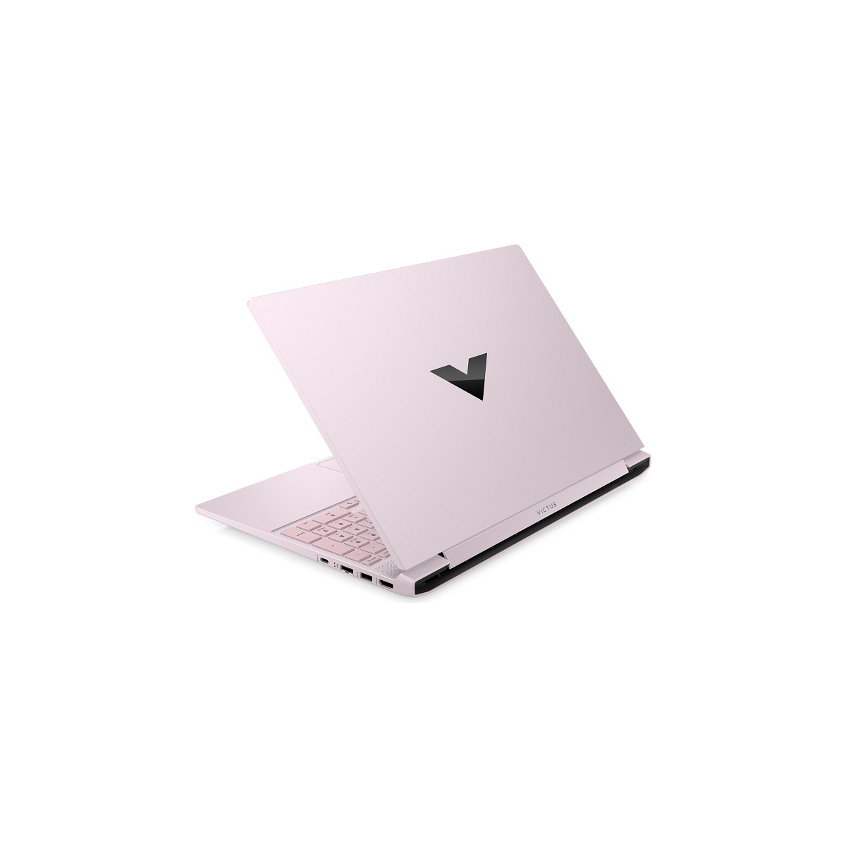 Pembe bir Victus dizüstü bilgisayar açık, klavye ve ekranı görünüyor. Kapakta Victus logosu var.