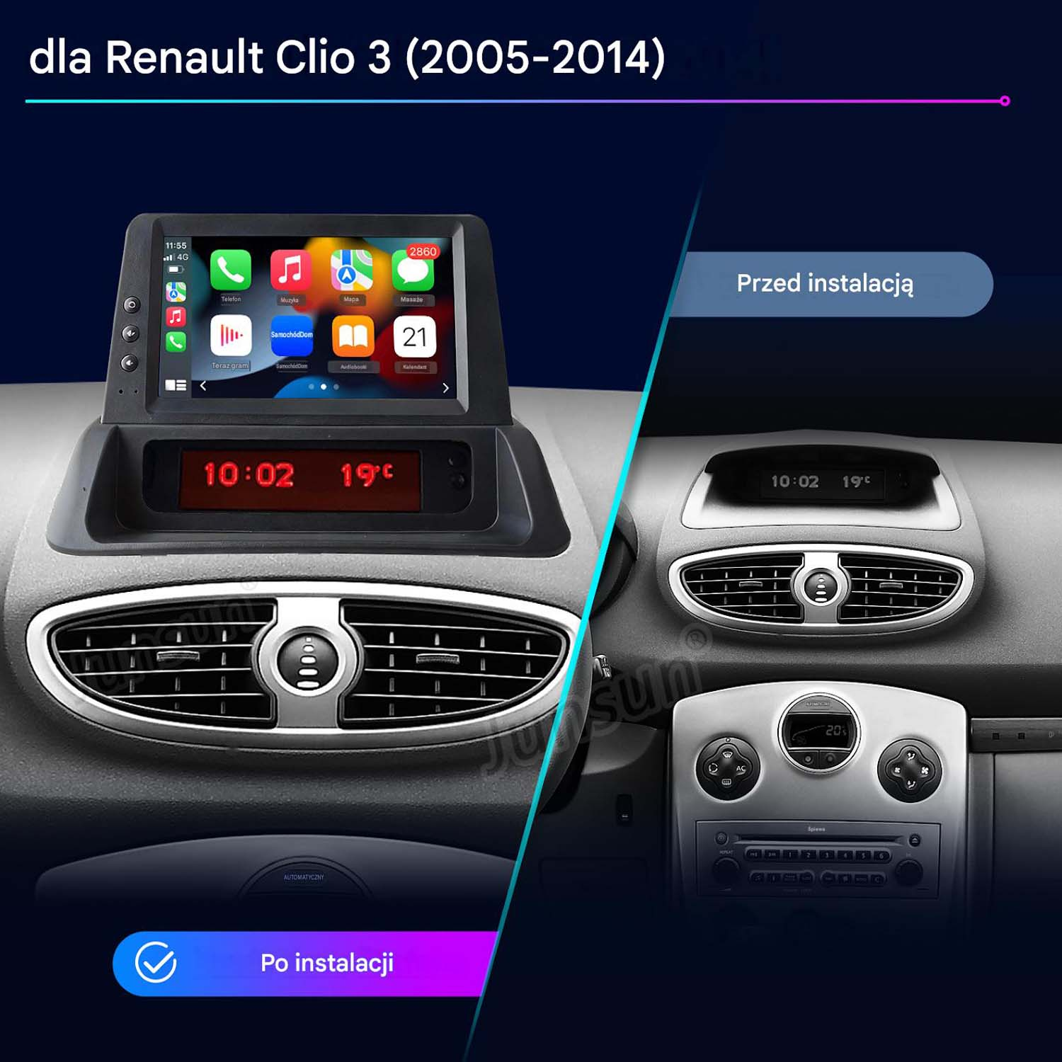 Porównanie deski rozdzielczej Renault Clio 3 przed i po instalacji nowego systemu multimedialnego.