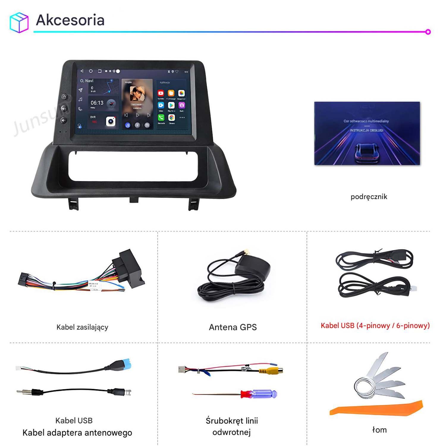 Akcesoria samochodowe: Nawigacja, kable, antena, USB, narzędzia.