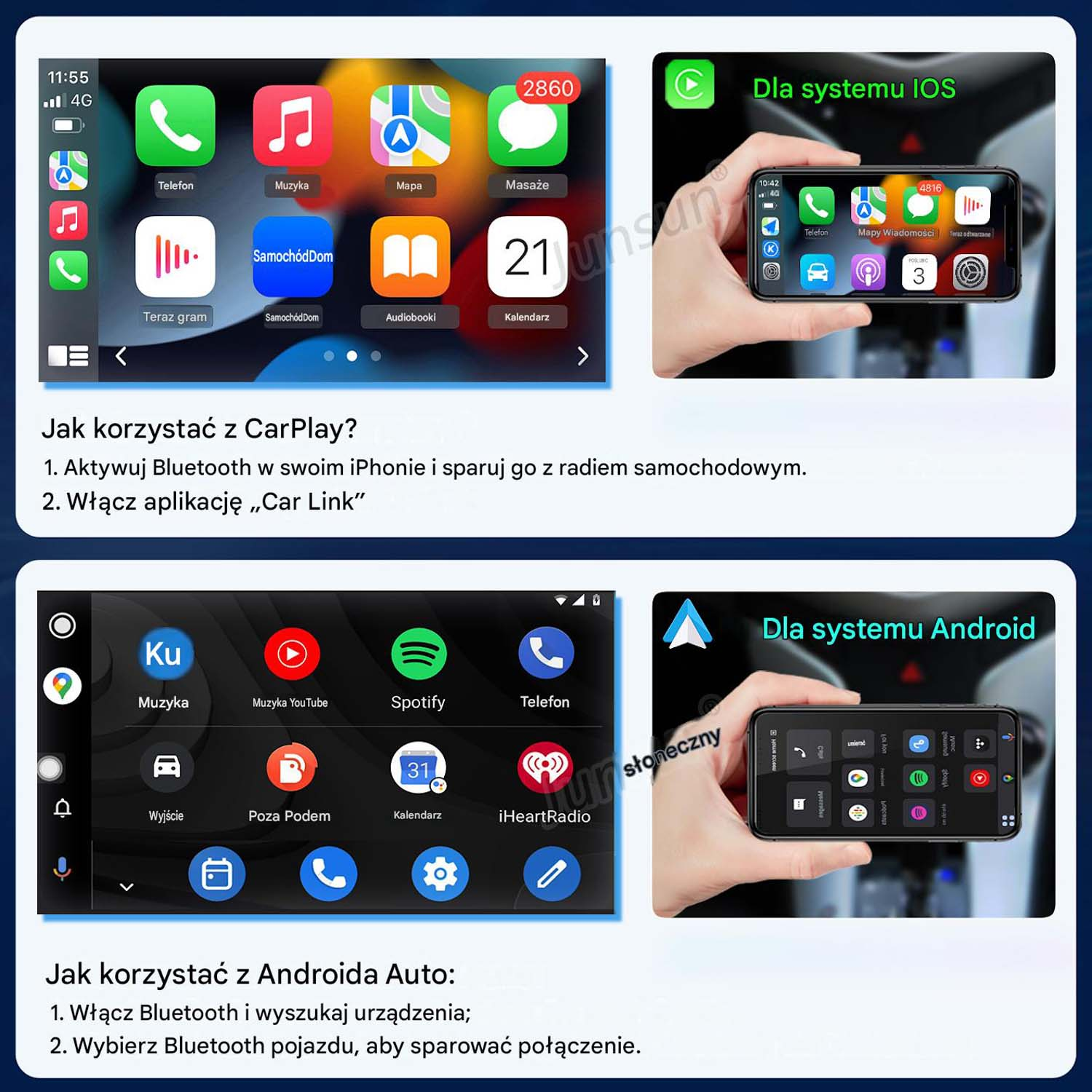 Widoki ekranu CarPlay i Android Auto, z instrukcjami.