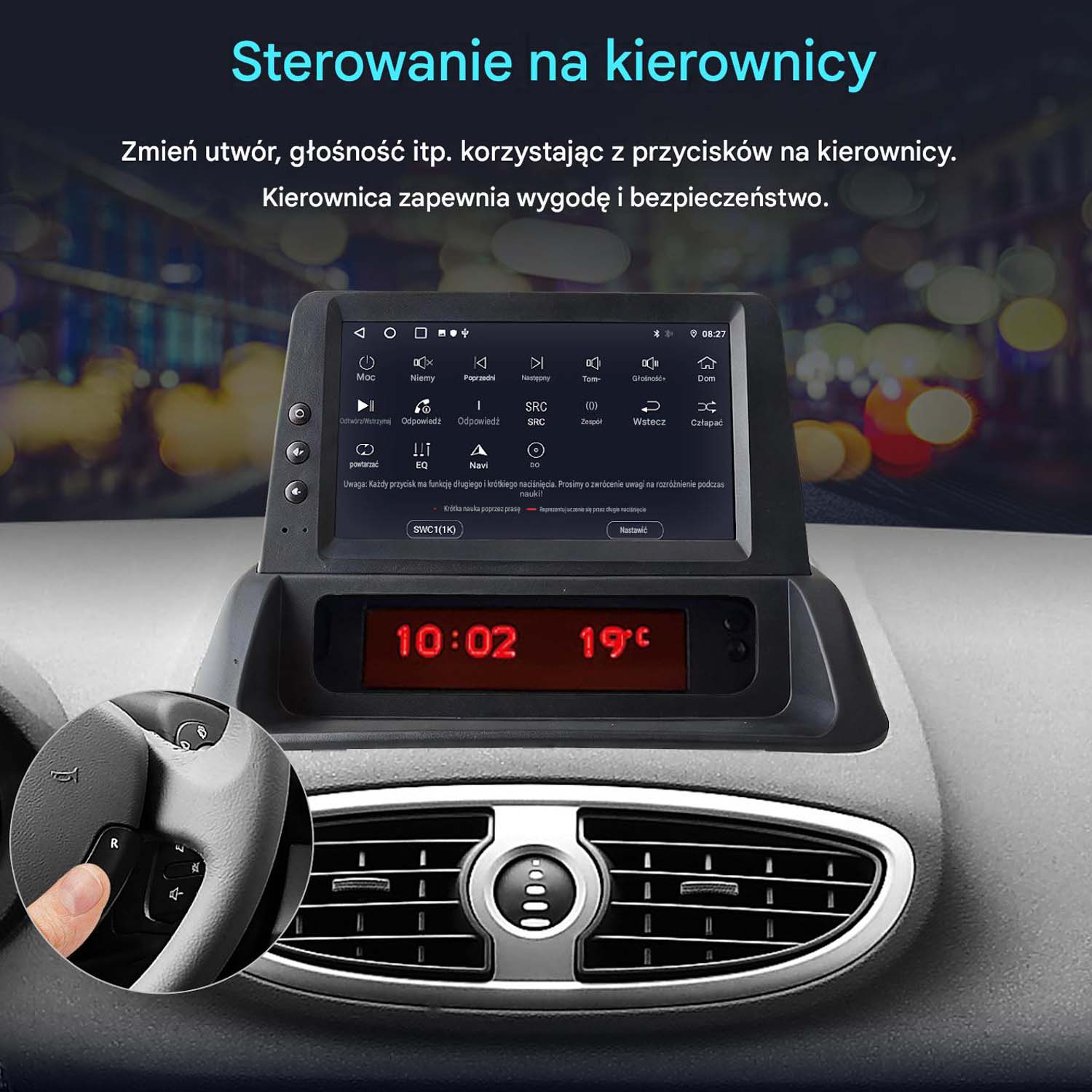 Wnętrze samochodu z fokusem na kierownicę i ekran multimediów.