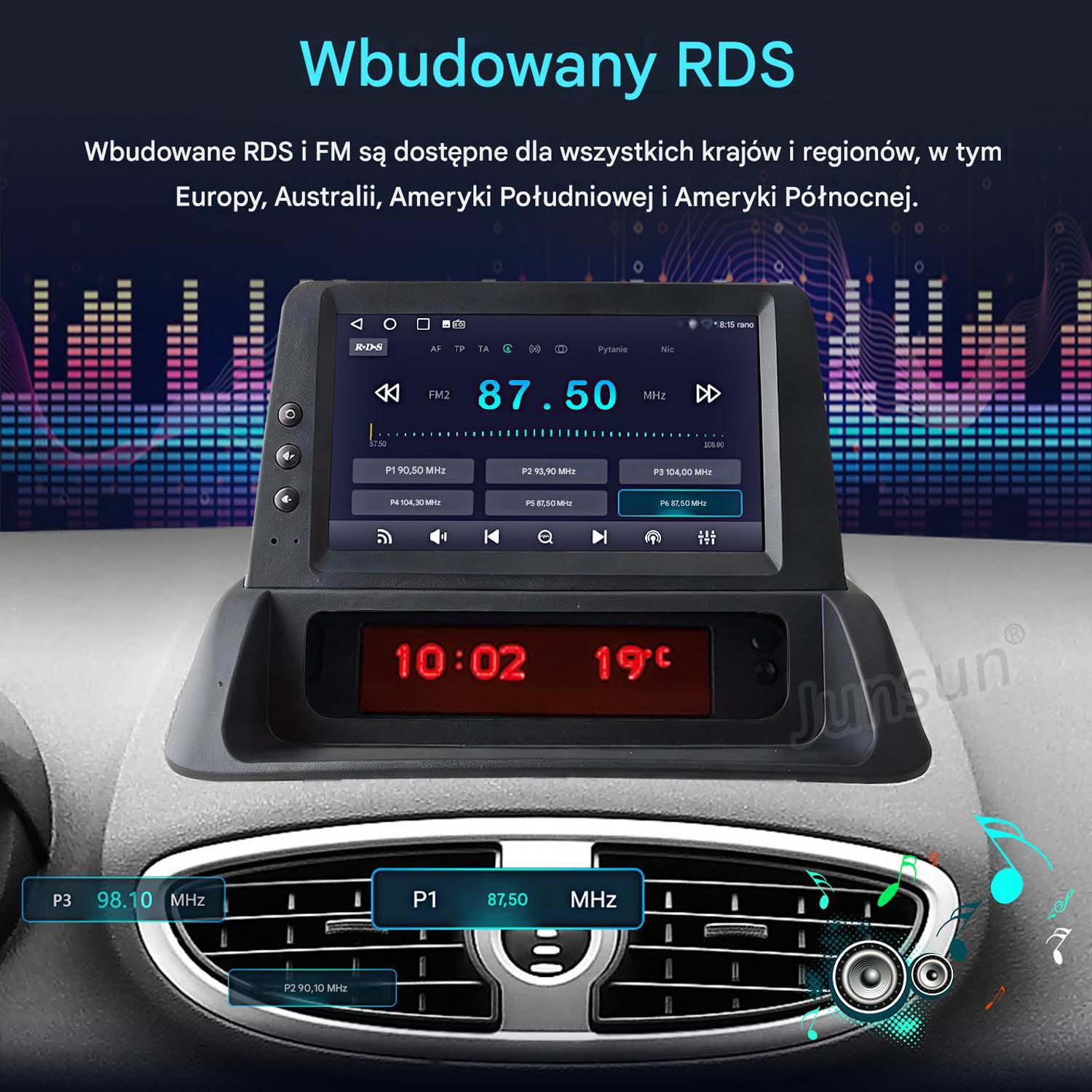 Radio samochodowe z wyświetlaczem RDS pokazuje 87,50 MHz i godzinę 10:02.
