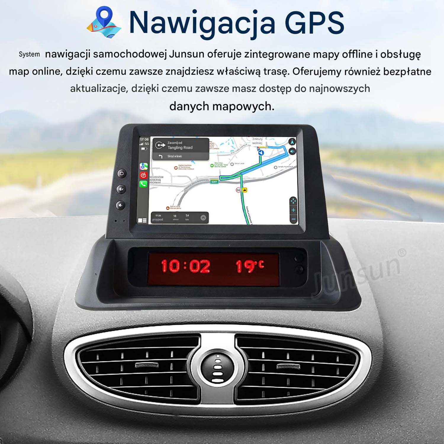 Deska rozdzielcza samochodu z ekranem nawigacji GPS, zegarem i temperaturą.