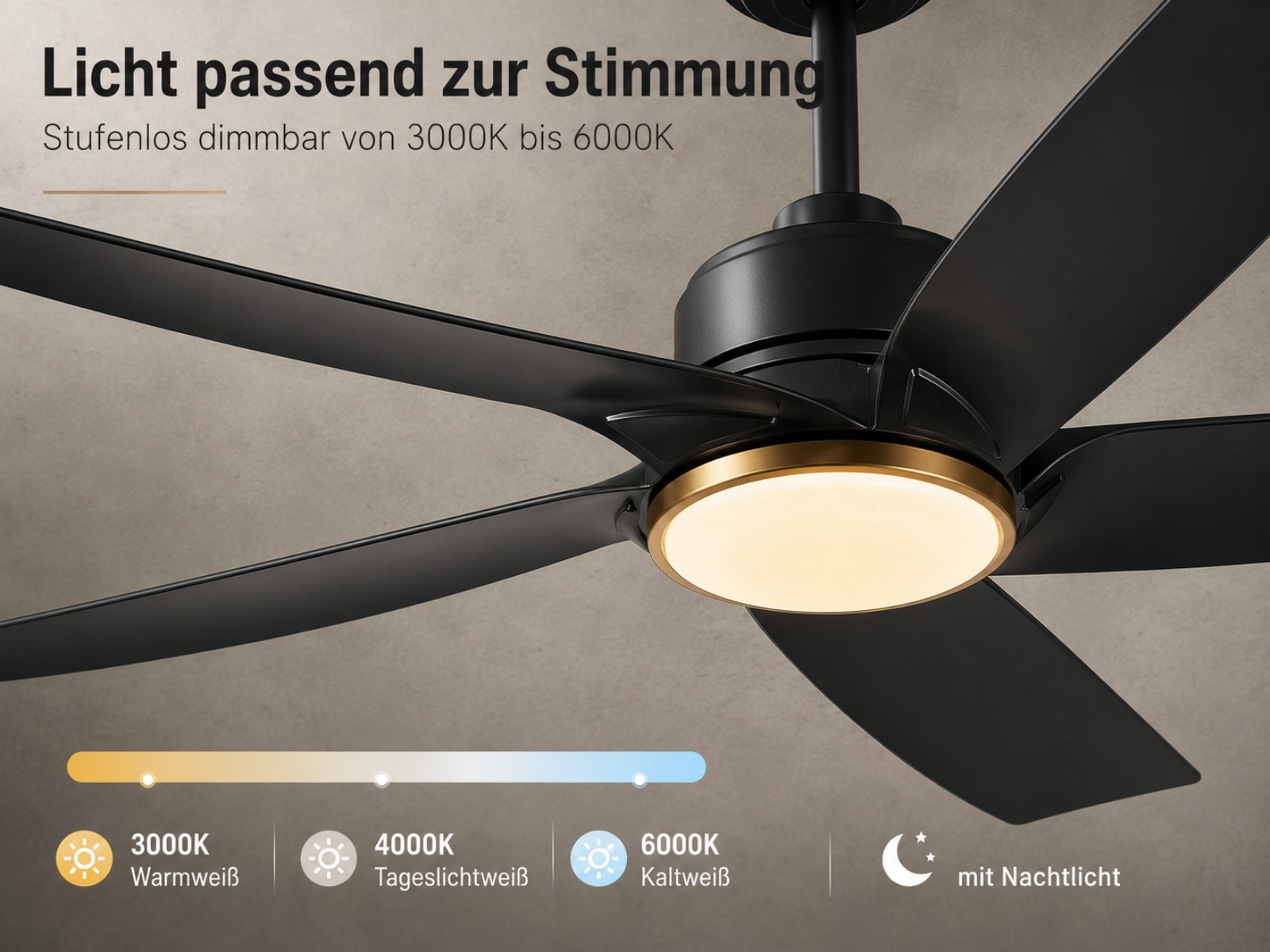 Schwarzer Deckenventilator mit Licht, dimmbar von 3000K bis 6000K.