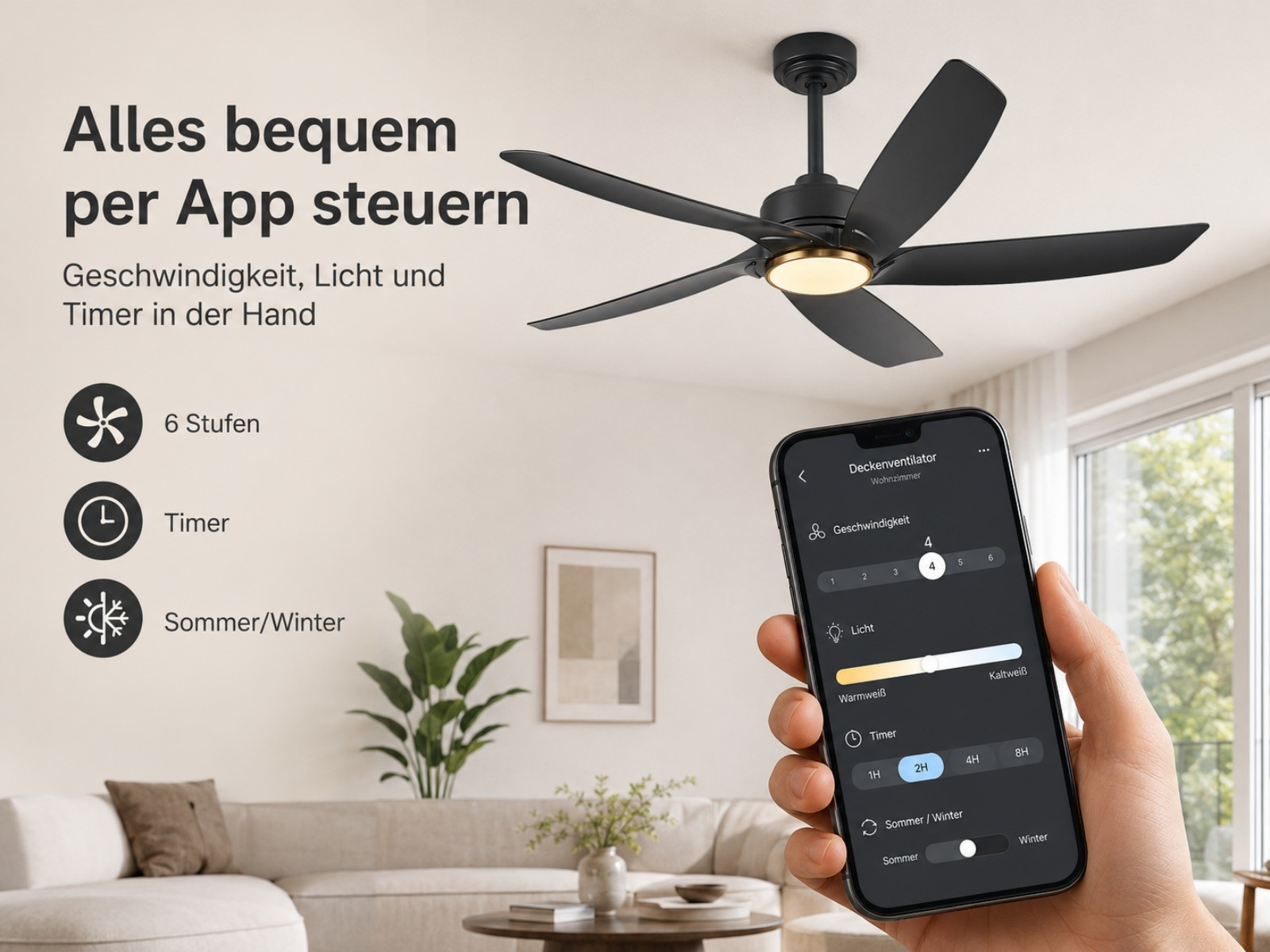 Deckenventilator-App zeigt 6 Stufen, Timer, Sommer/Winter-Modus an.