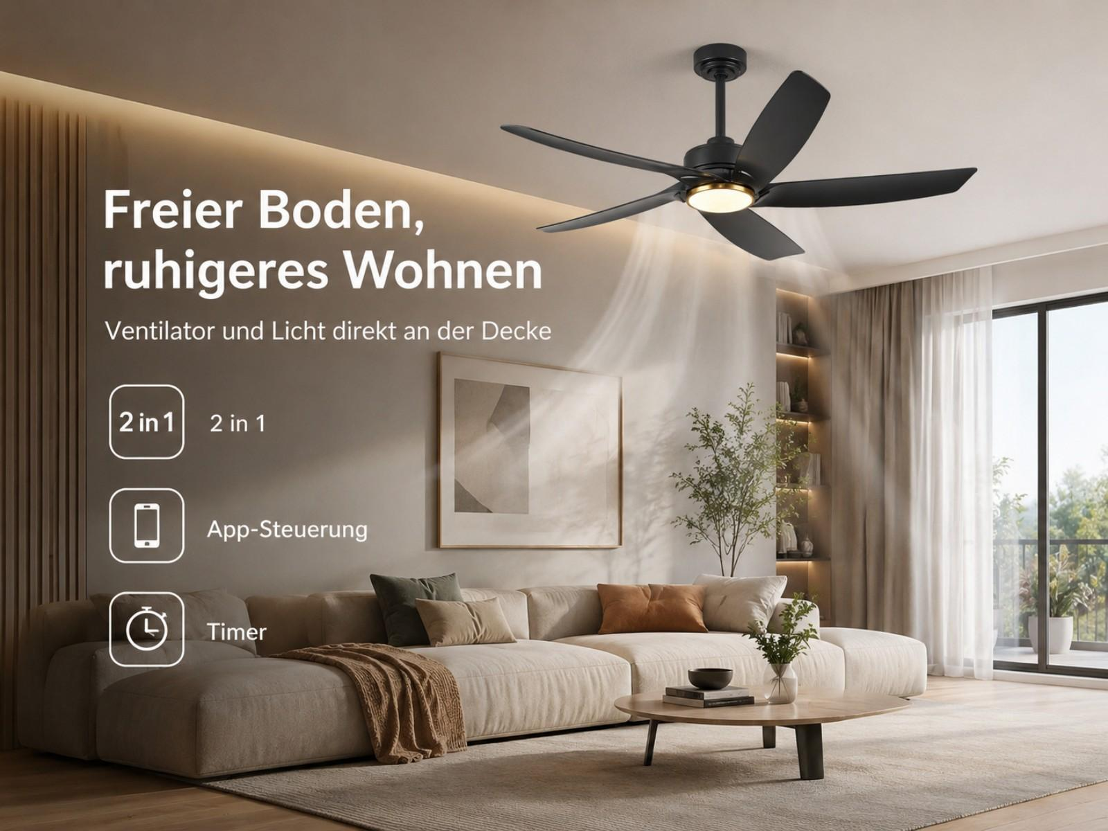 Schwarzer Deckenventilator mit Licht über einem Sofa.