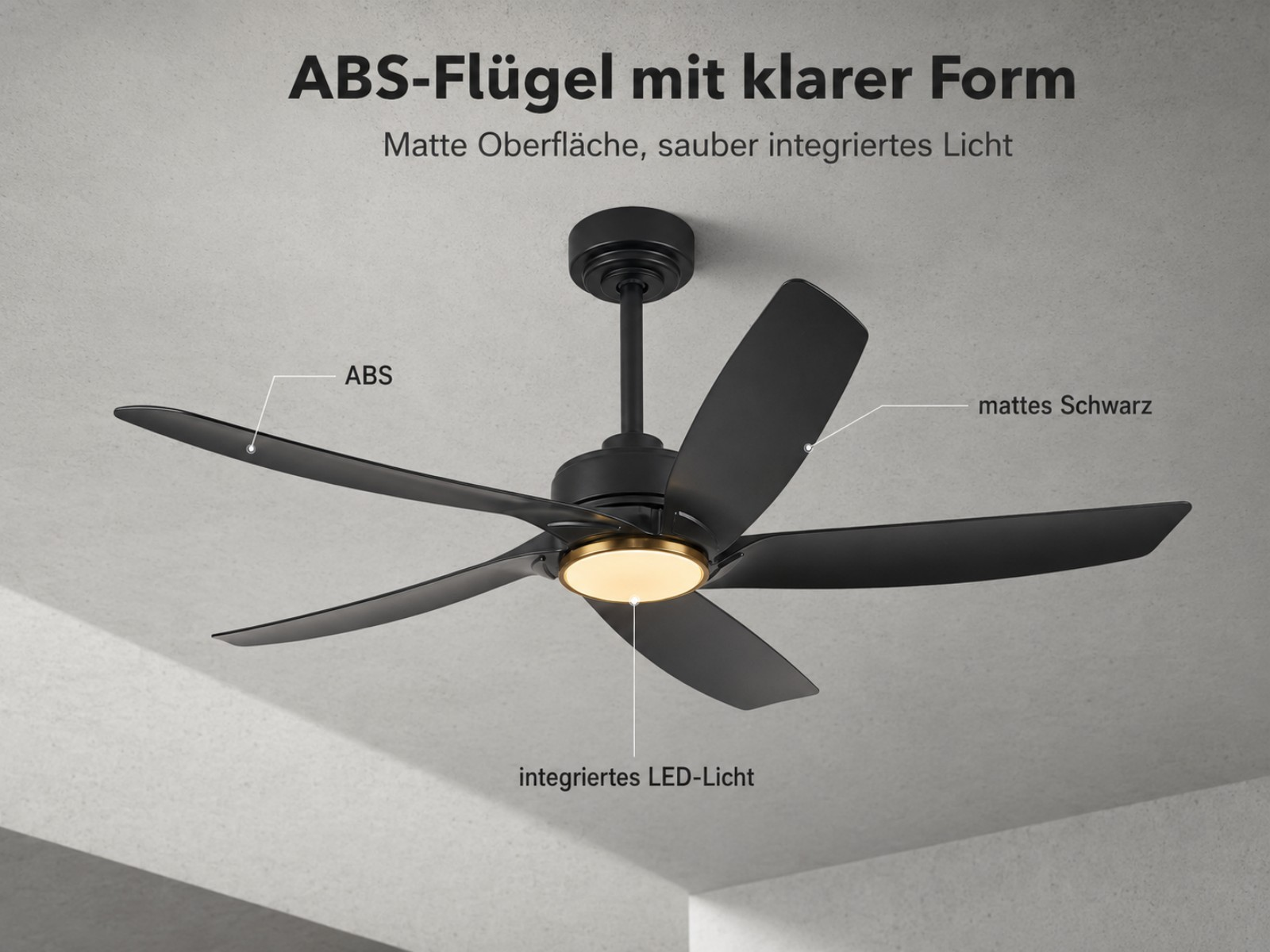 Schwarzer Deckenventilator mit fünf ABS-Flügeln und integriertem LED-Licht.