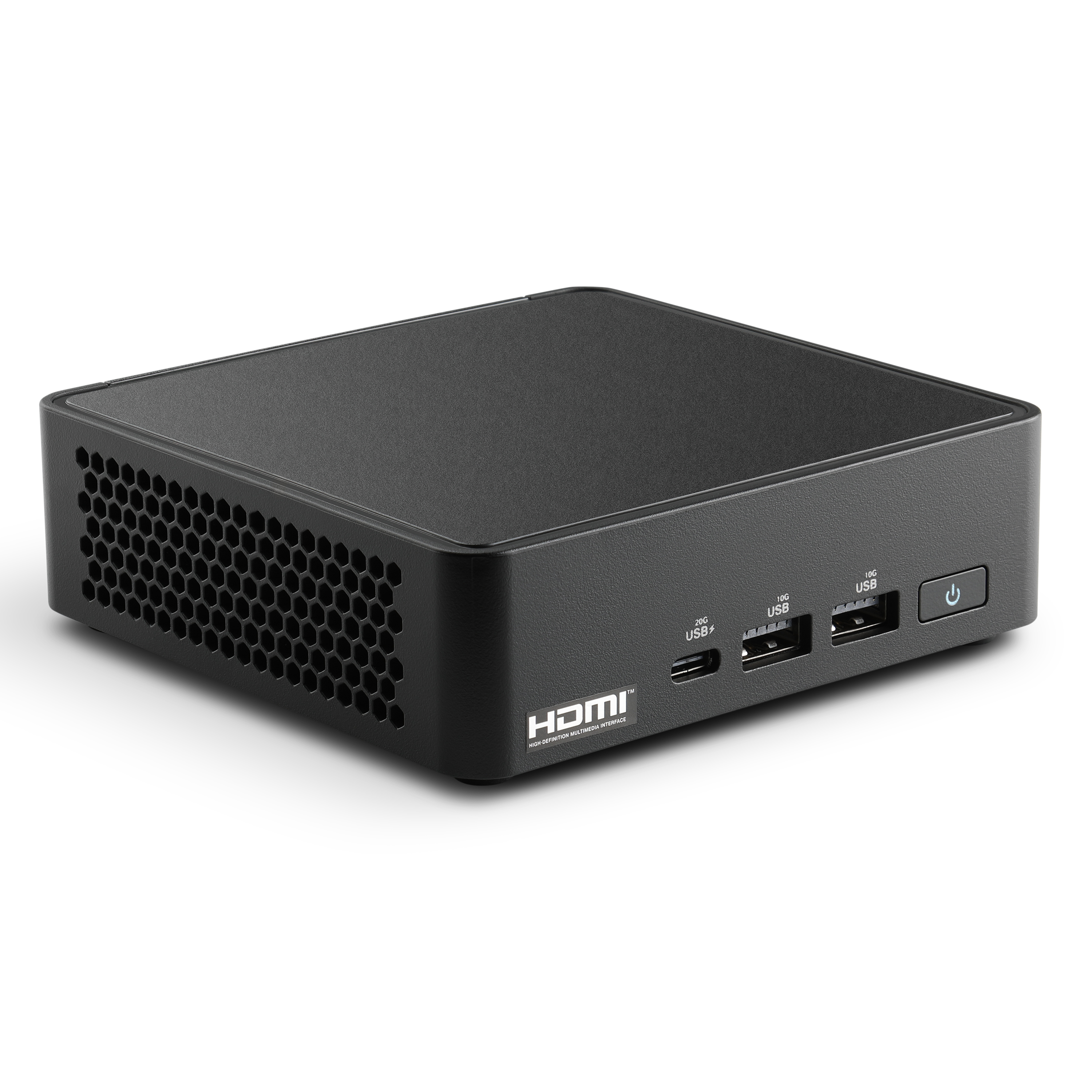 Ein kompakter schwarzer Mini-PC mit USB-Anschlüssen und HDMI-Logo.
