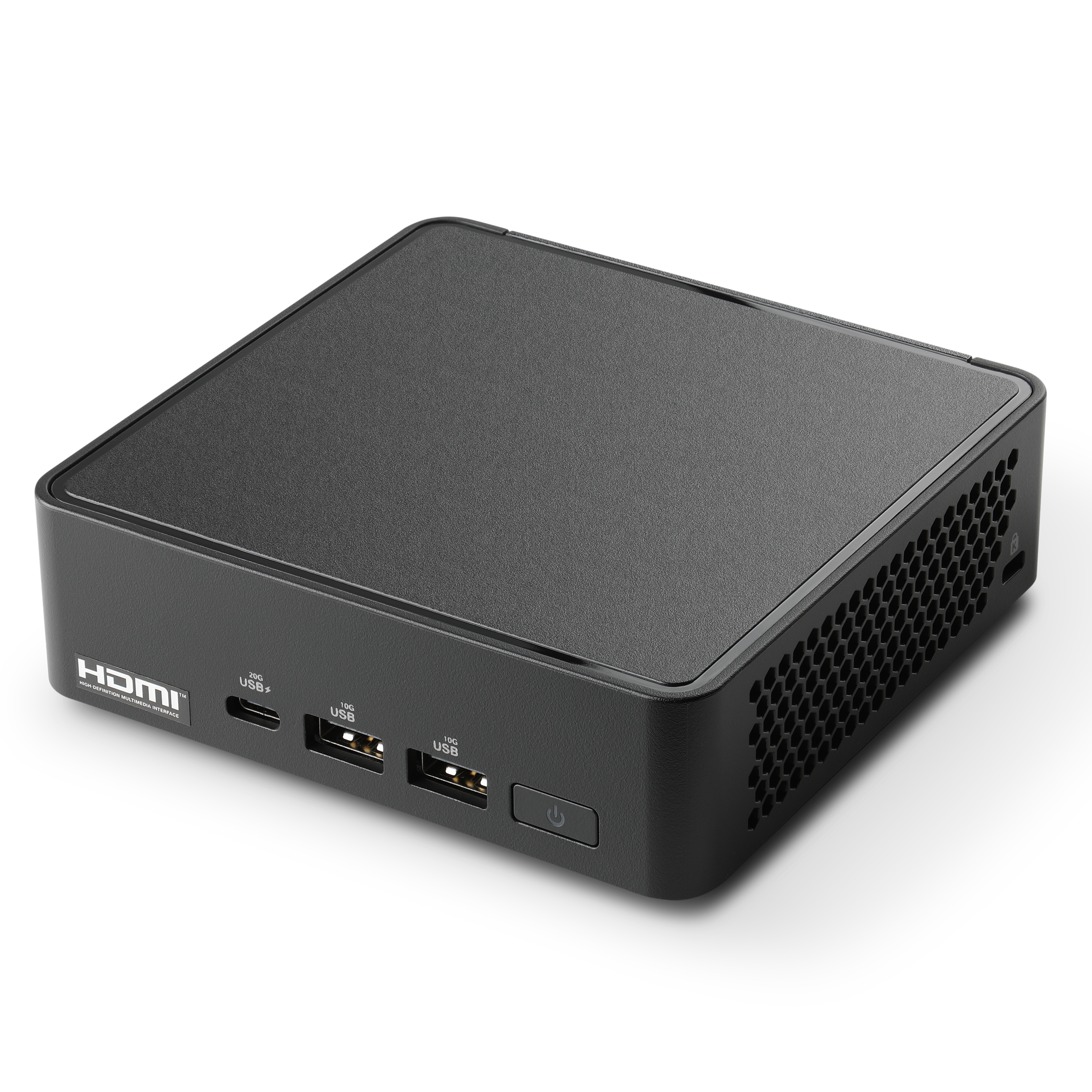 Schwarzer Mini-PC mit HDMI, USB-C und USB-A Anschlüssen.