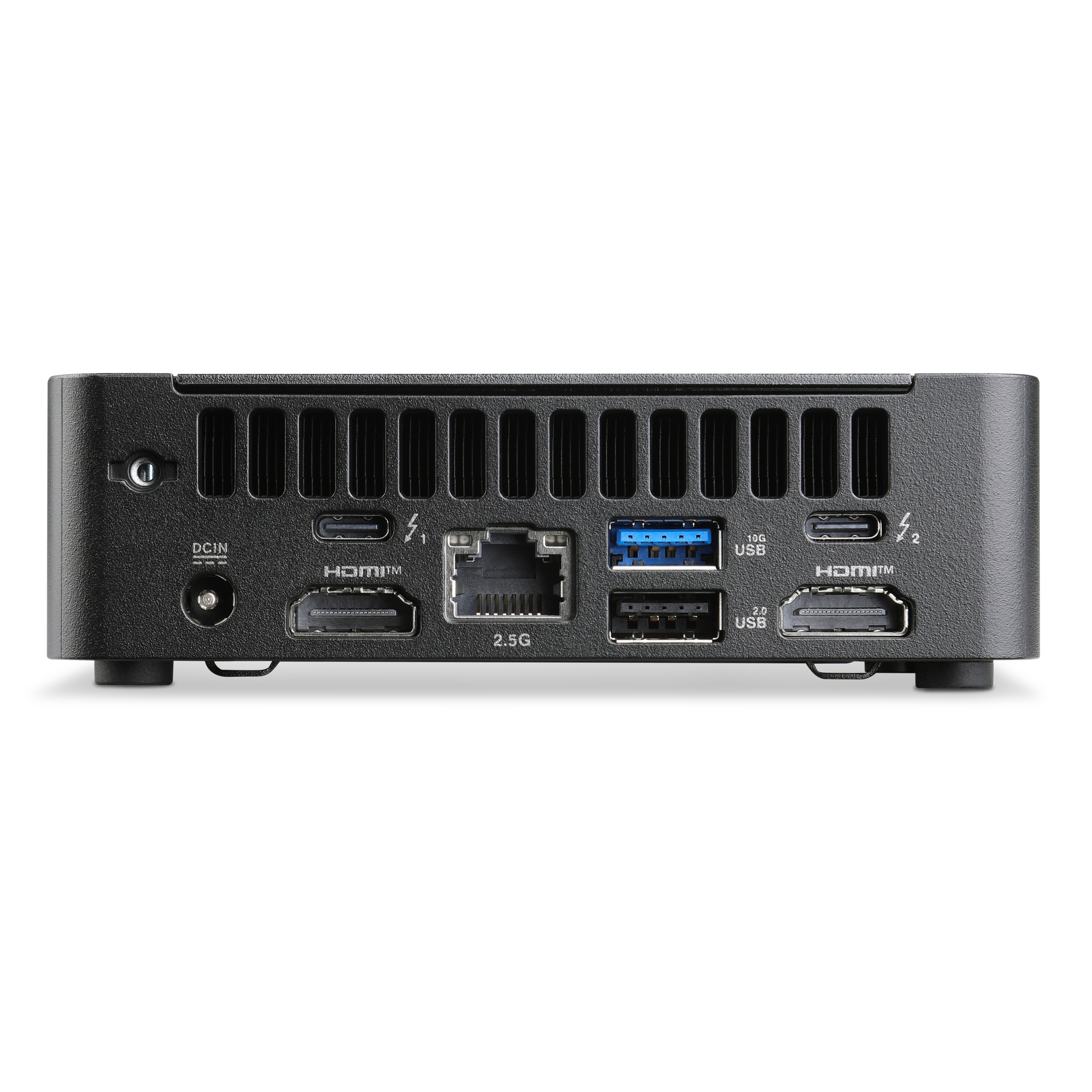 Rückansicht eines schwarzen Mini-PCs mit Anschlüssen: DCIN, 2x HDMI, 2.5G Ethernet, 1x 10G USB-C, 1x USB-A 2.0, 2x Thunderbolt.