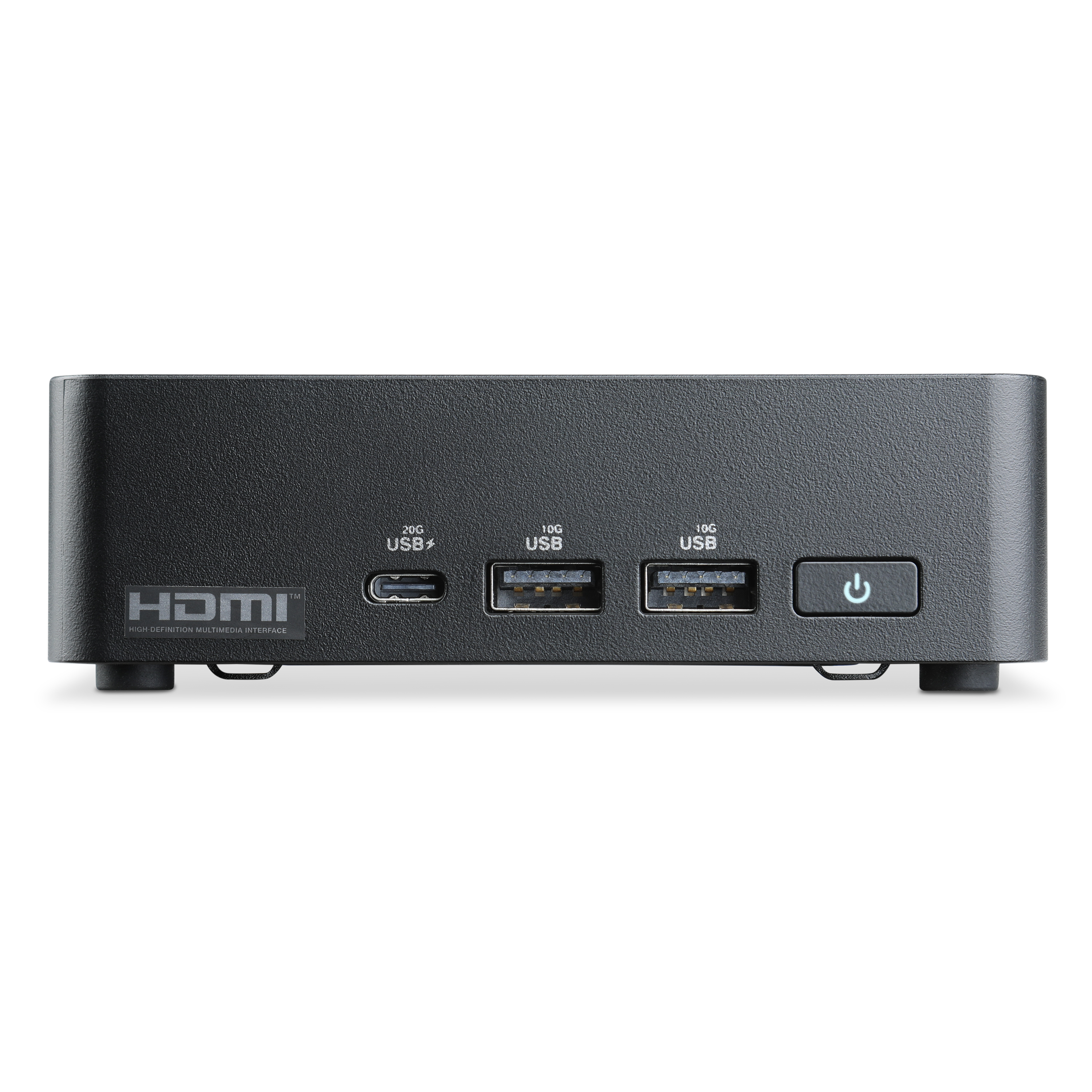 Ein schwarzes Mini-Gehäuse mit HDMI, USB-C, zwei USB-A-Ports und Power-Button.