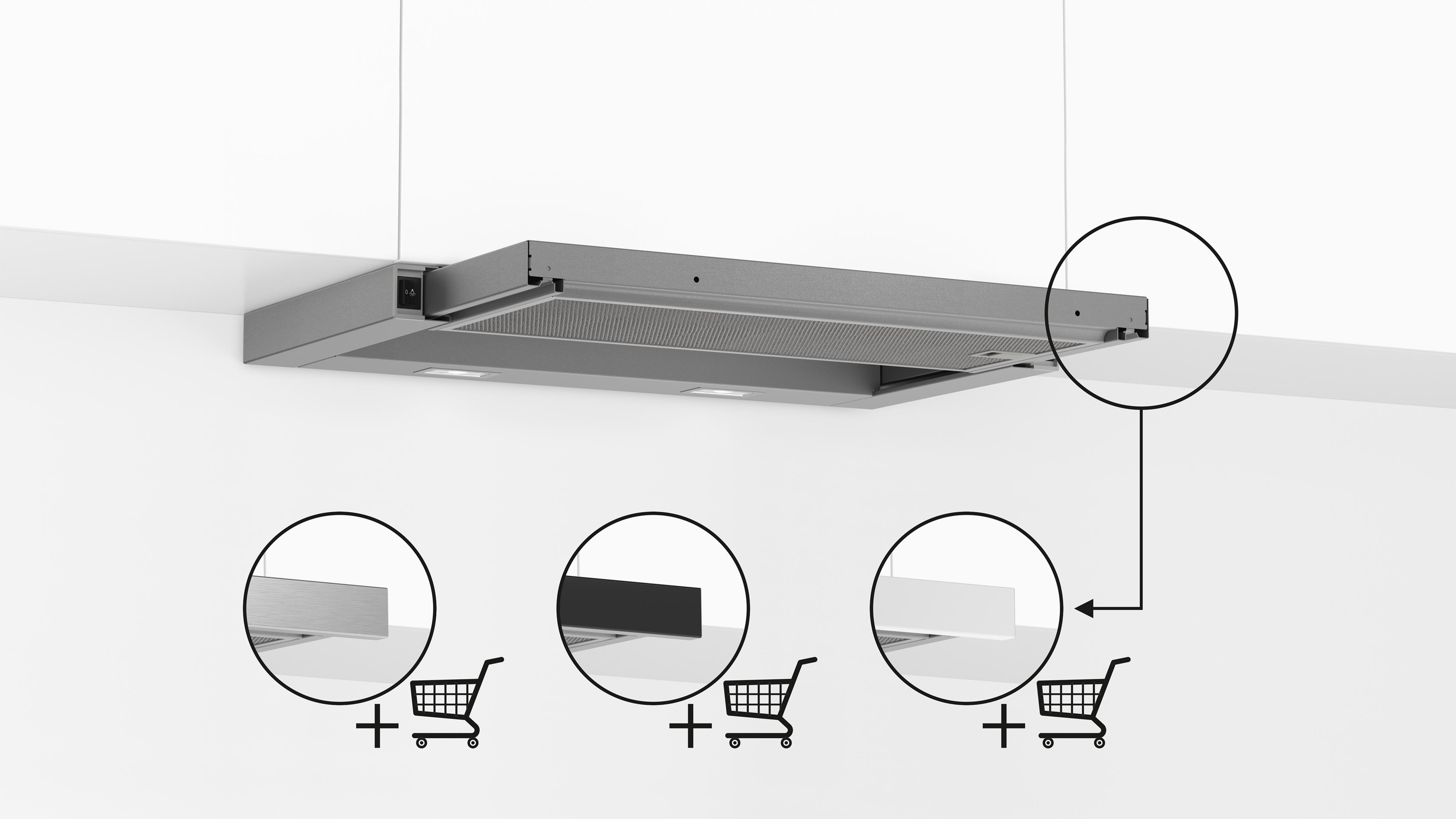 Cappa da cucina grigia con tre opzioni di accessori: argento, nero e bianco.