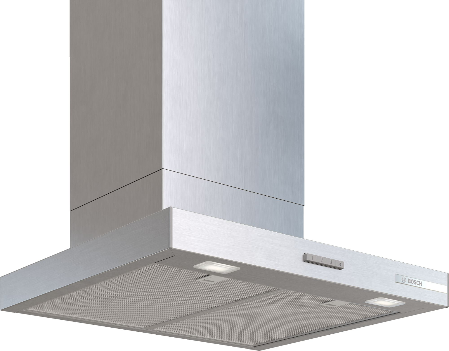 Cappa in acciaio inox con luci e comandi.