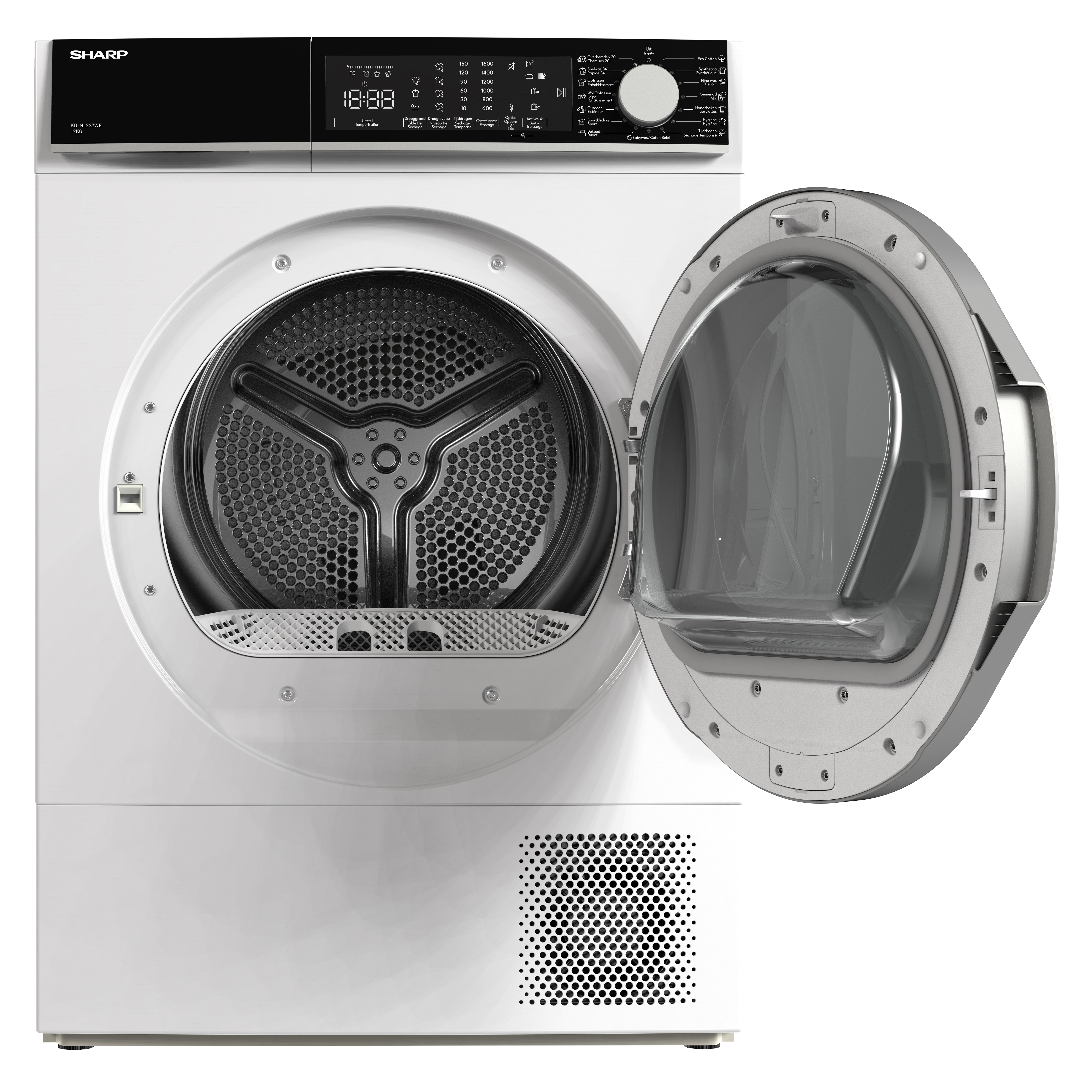 Een witte Sharp wasmachine met de deur open, het trommelinterieur tonend.