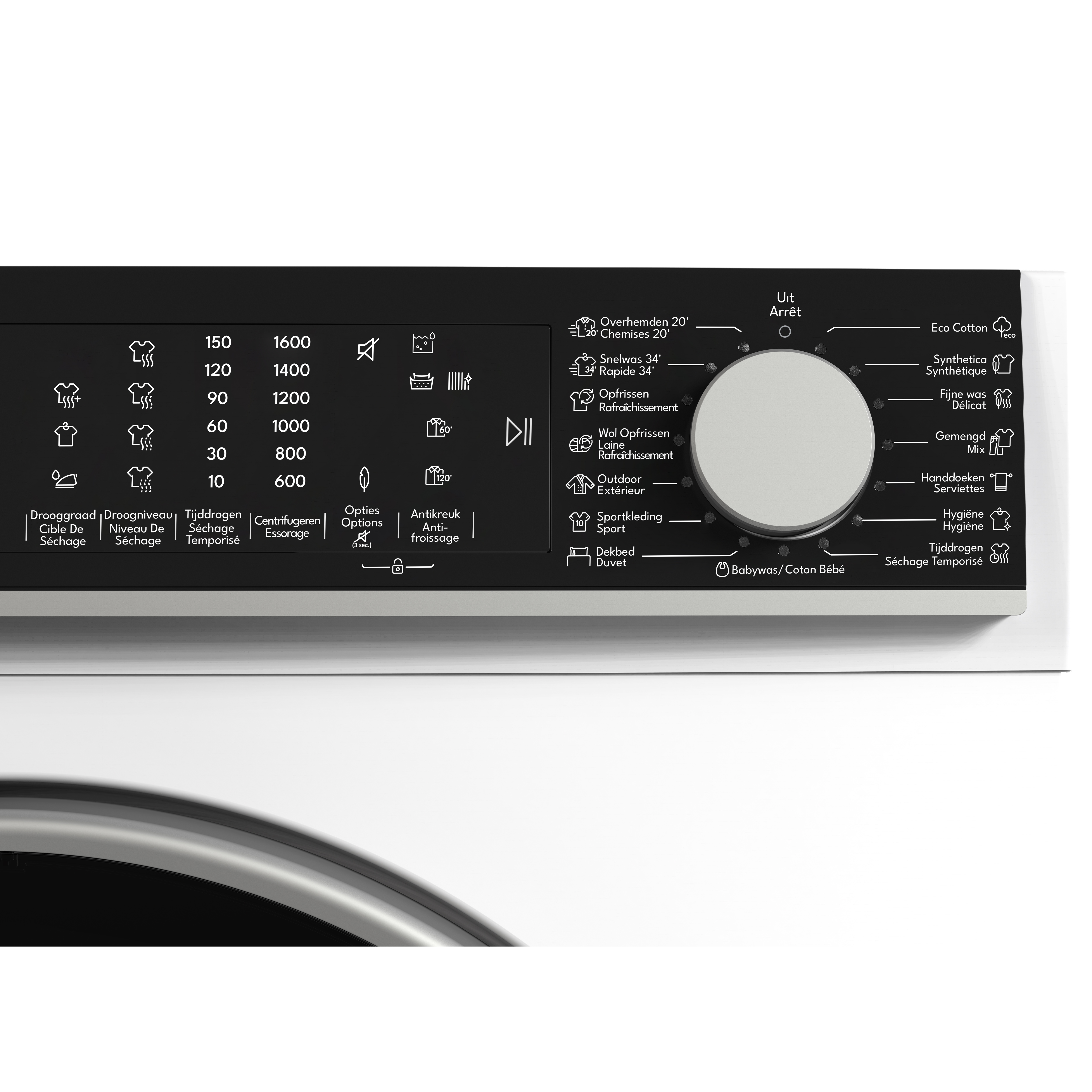 Bedieningspaneel wasmachine met programma's en instellingen.