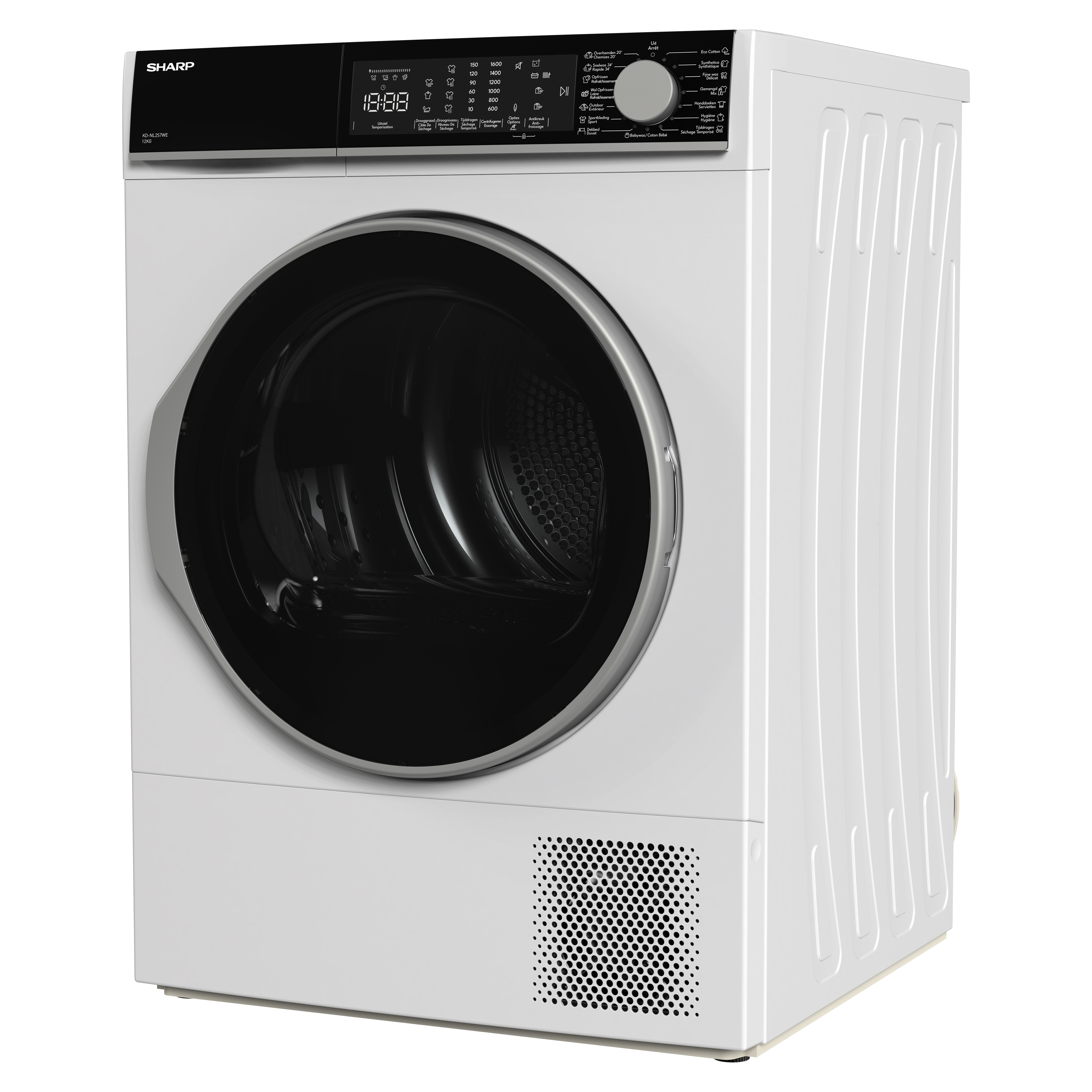 Een witte SHARP wasdroger met zwart bedieningspaneel en ronde deur.
