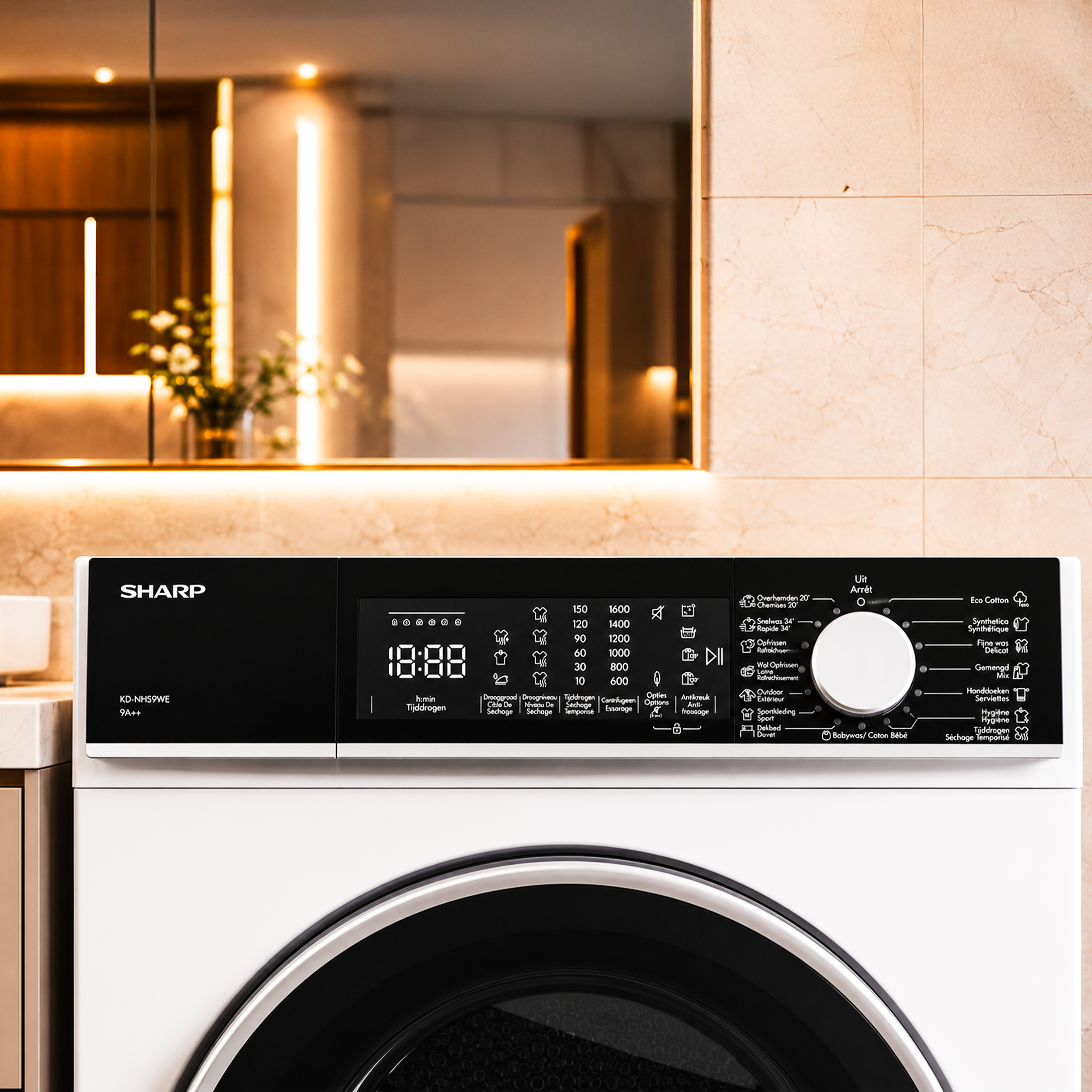 Een moderne witte droger met zwart bedieningspaneel en ronde draaiknop. Bevat diverse wasprogramma's.