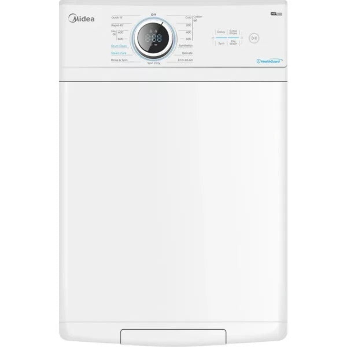 Een witte Midea wasmachine met digitaal display en bedieningspaneel.