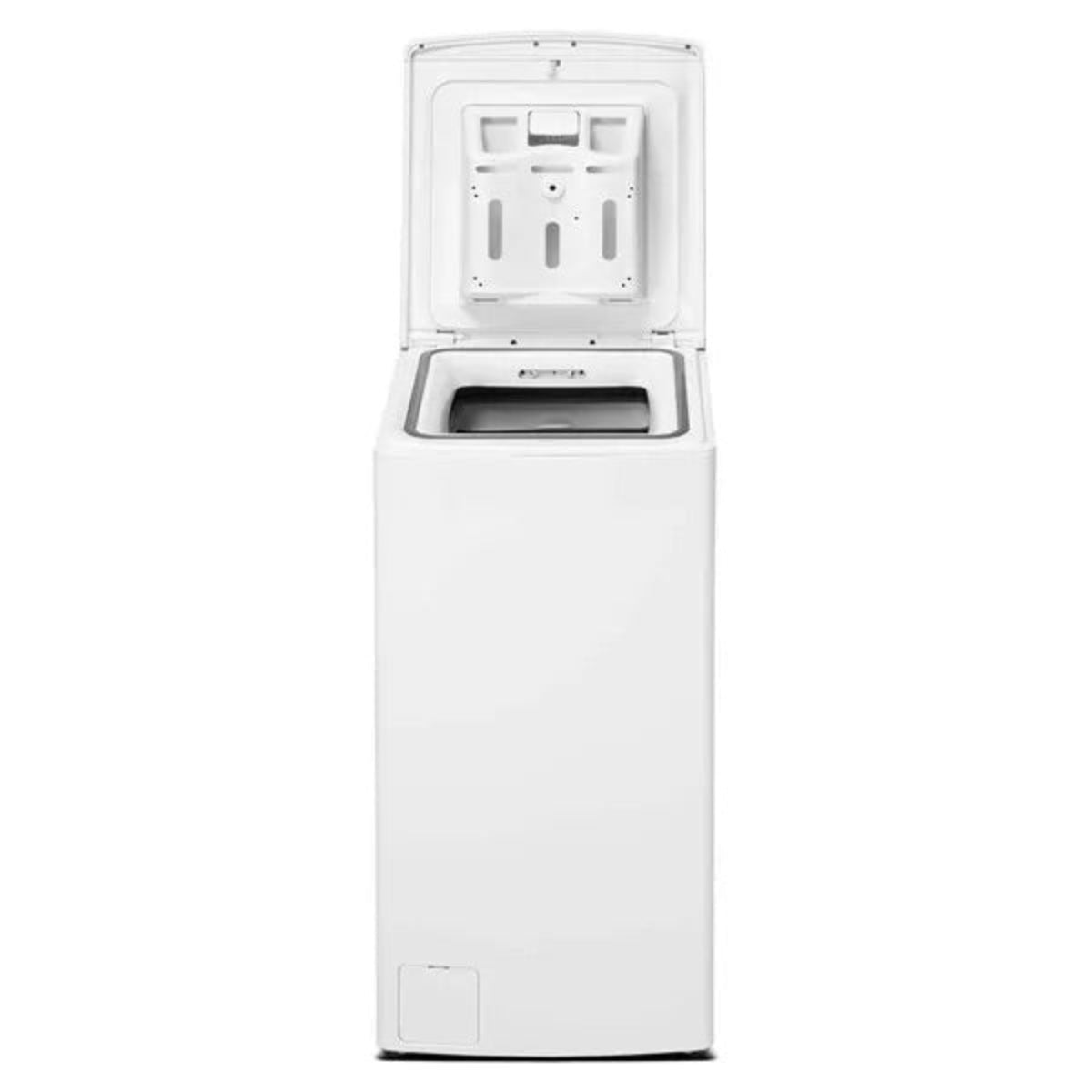 Een witte top-load wasmachine met de deksel open, interieur zichtbaar.