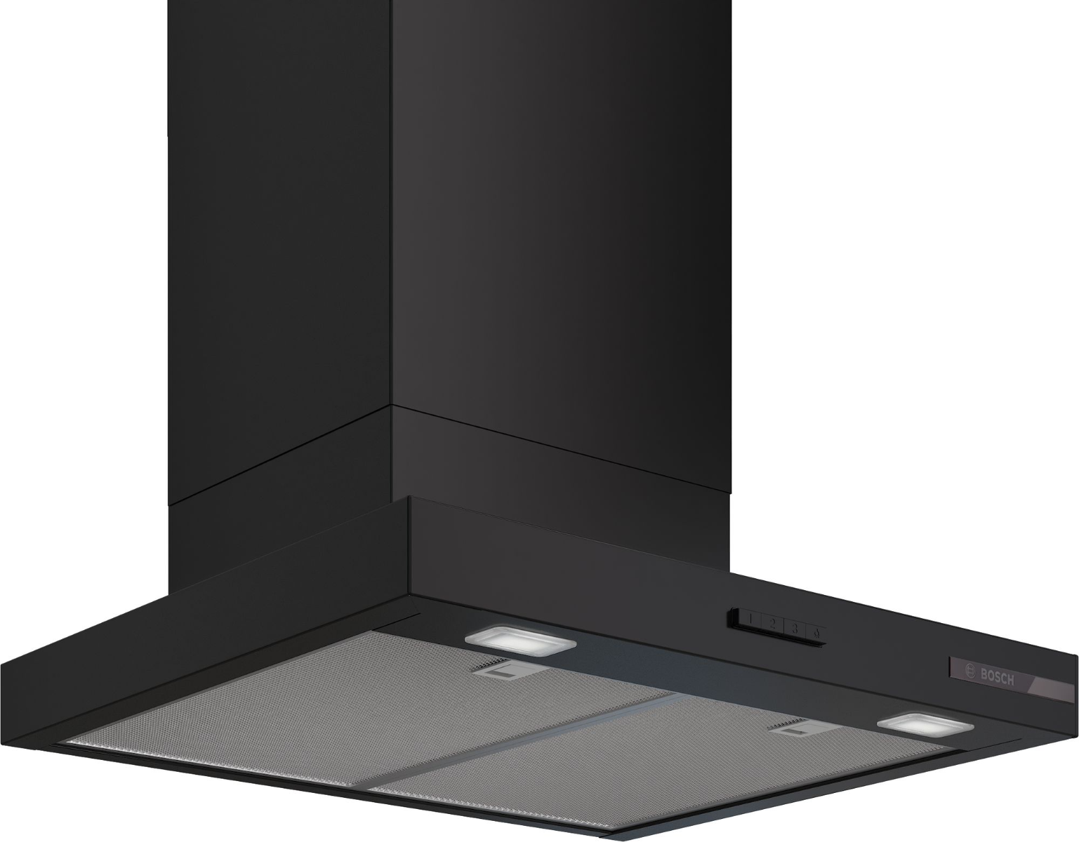 Cappa aspirante nera con filtri metallici e luci.