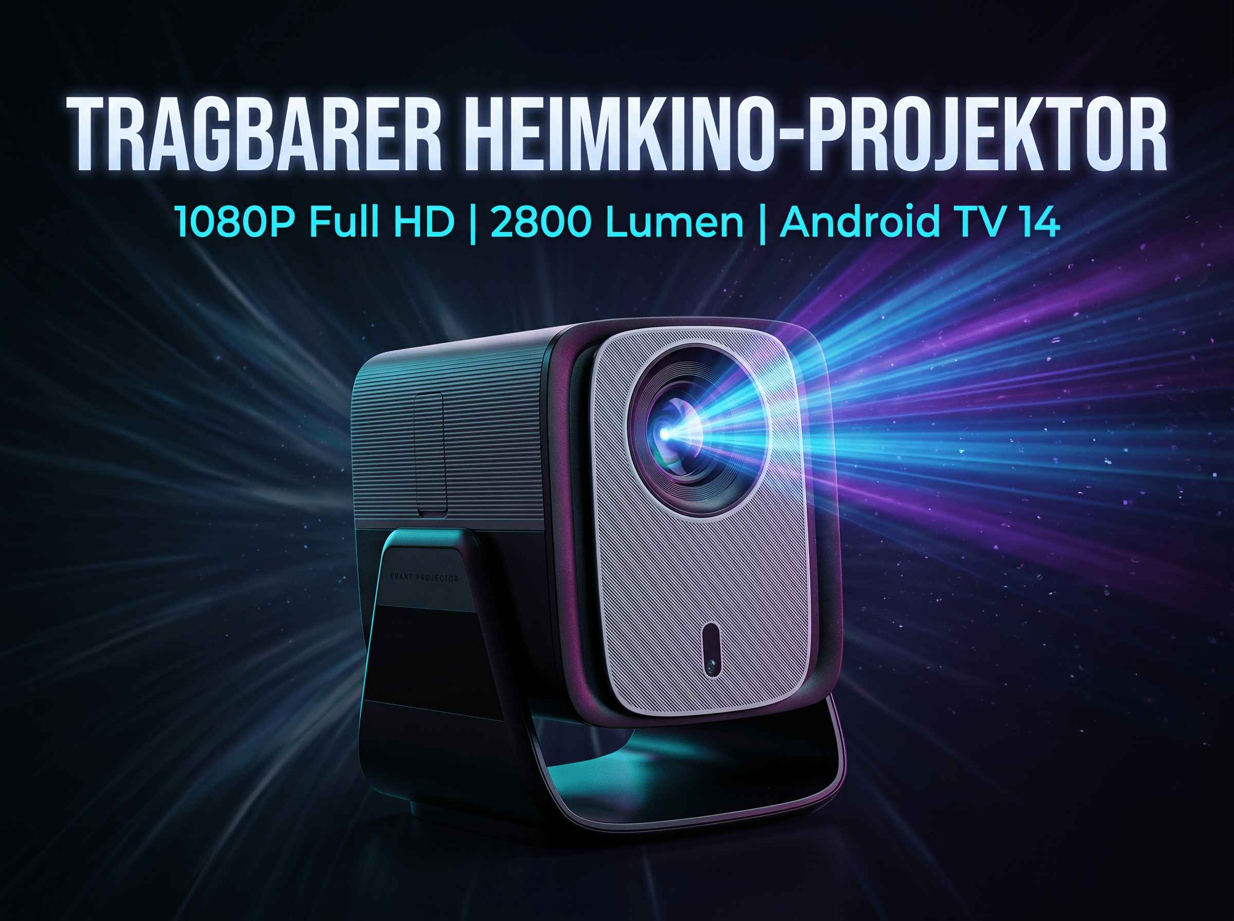 Tragbarer Projektor mit blauem Lichtstrahl, 1080p Full HD, 2800 Lumen.