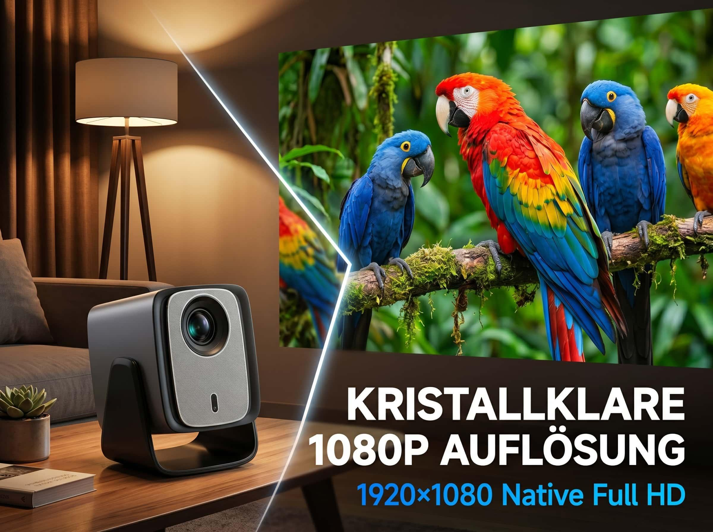 Ein Projektor zeigt bunte Papageien auf einem Ast, neben einem Sofa und Lampe.