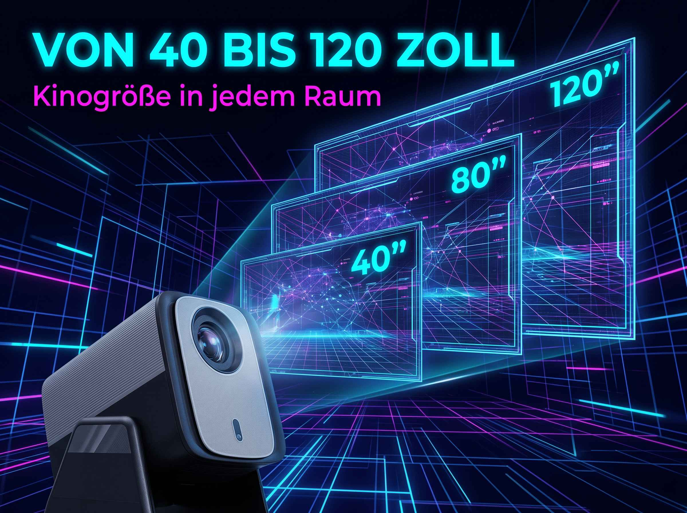Ein Projektor mit Bildschirmen von 40, 80 und 120 Zoll in einem dunklen Raum.