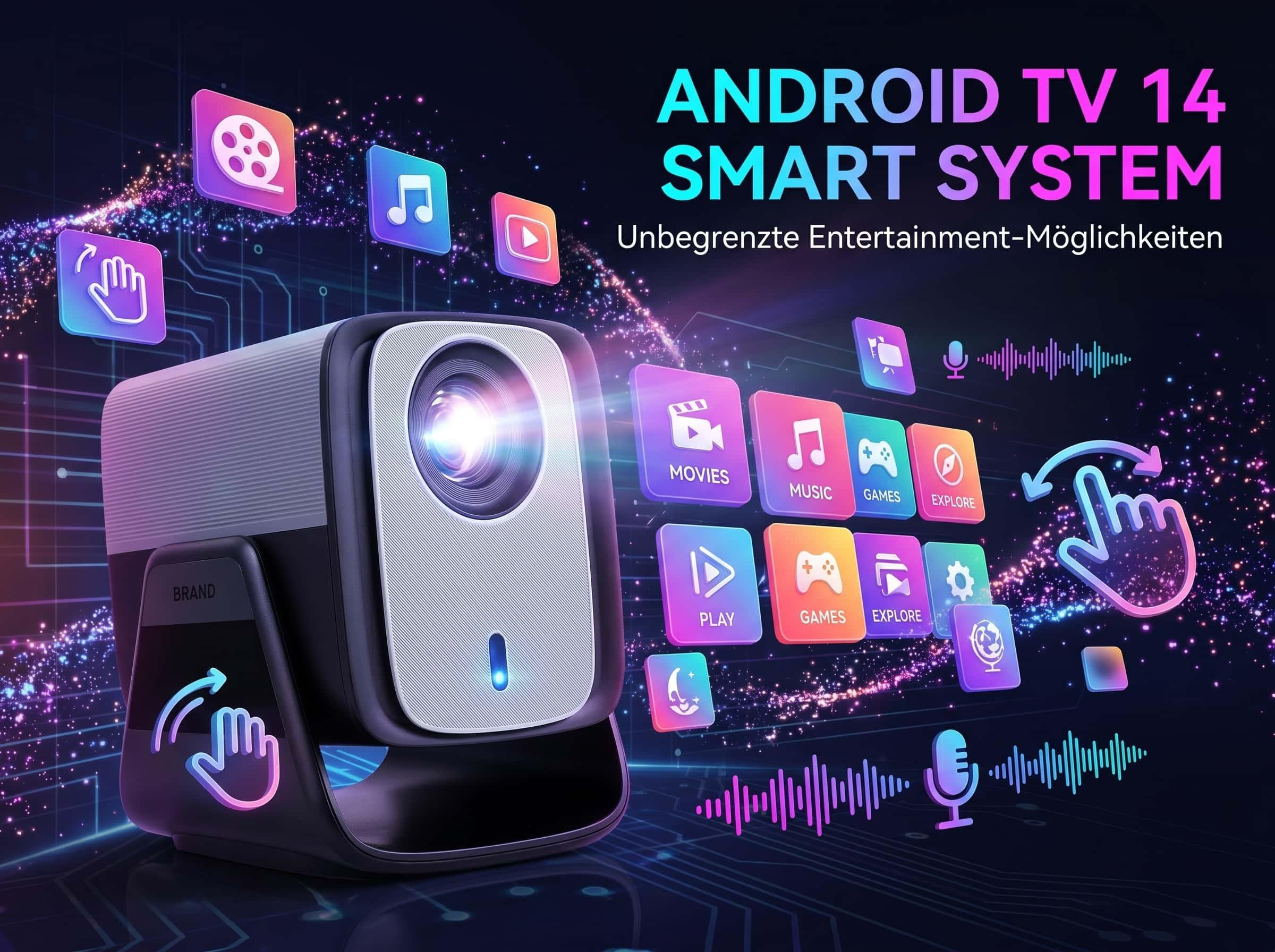 Ein Projektor mit Android TV 14 Smart System und App-Symbolen.