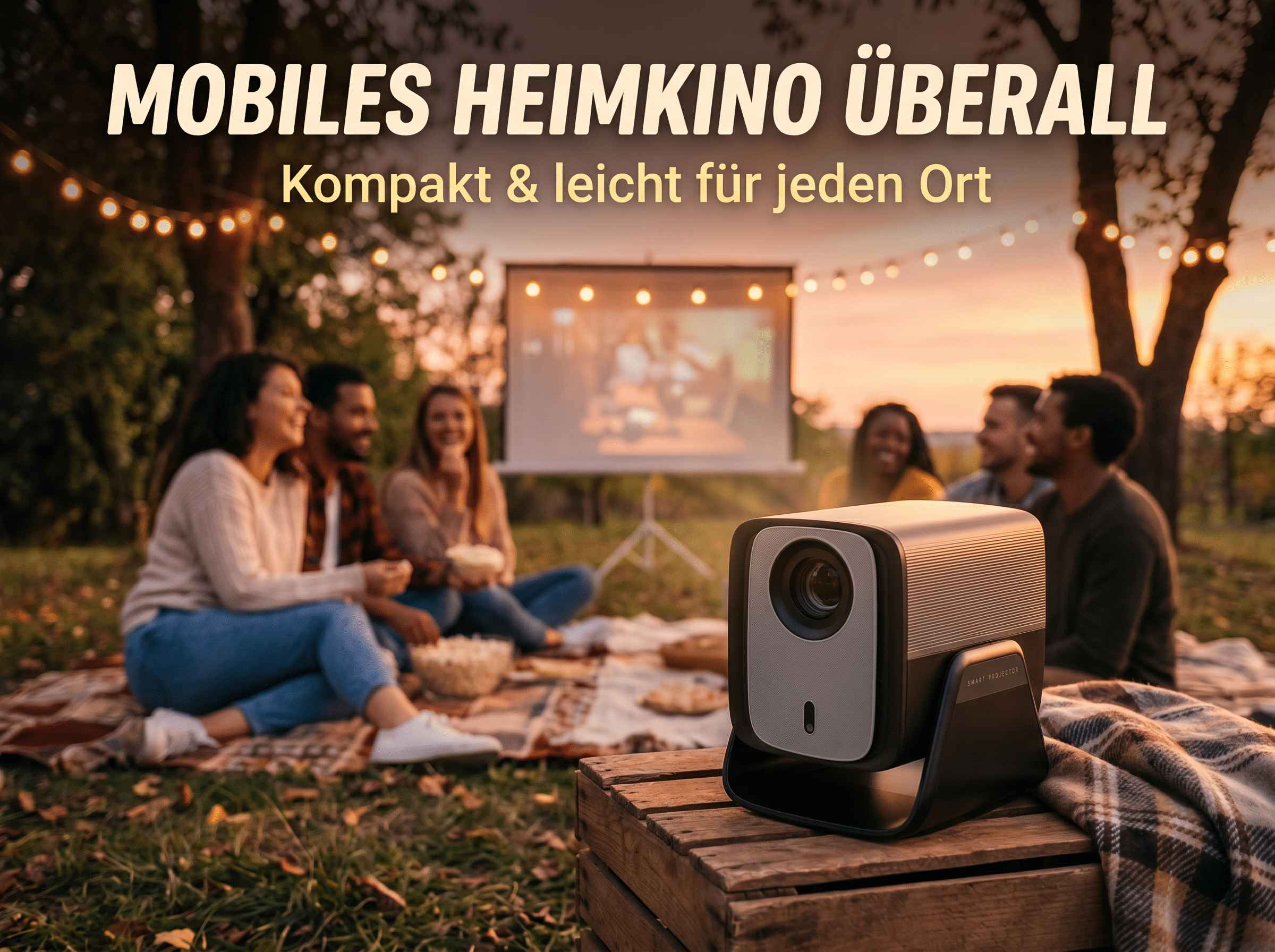 Freunde schauen draußen Film bei Nacht mit Projektor und Lichterkette.