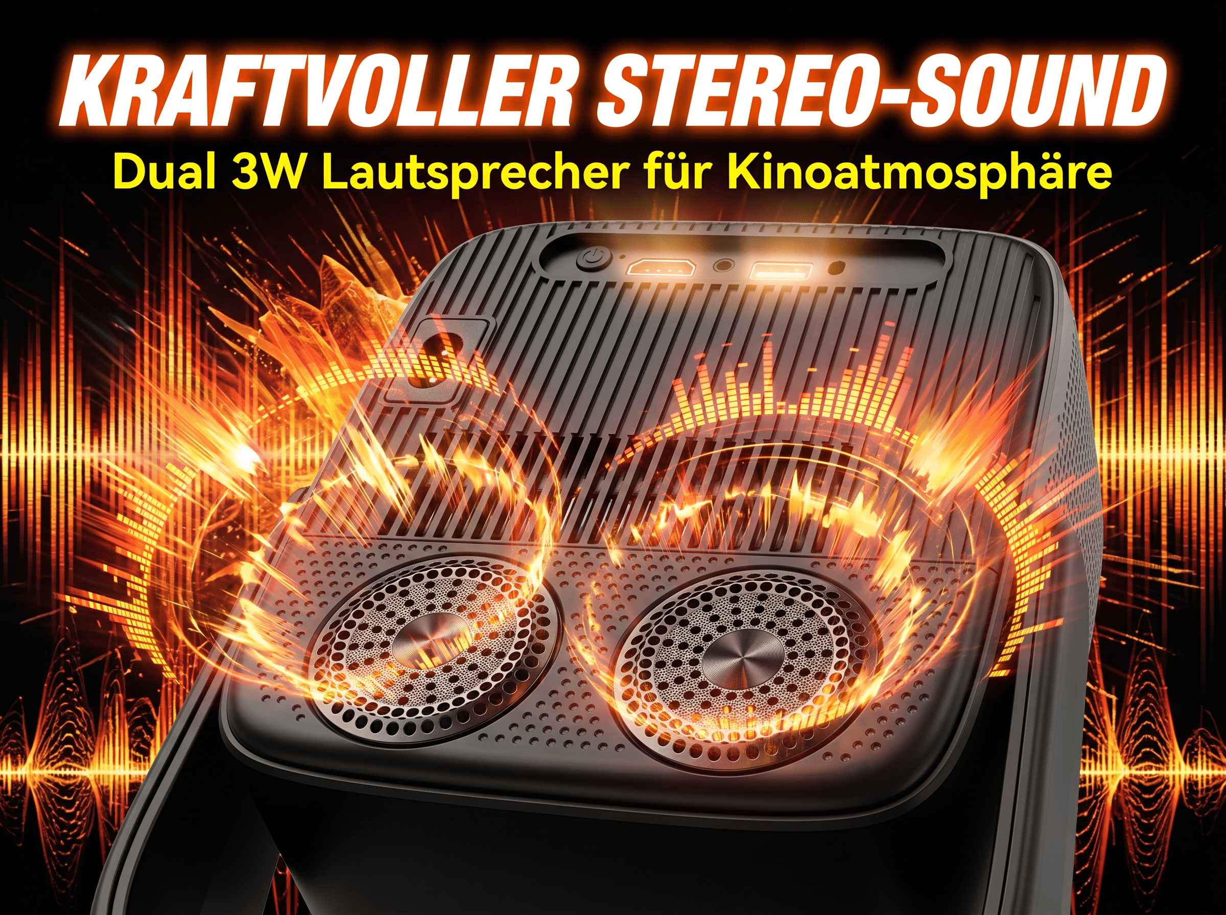 Ein schwarzer Lautsprecher mit zwei runden Gittern, umgeben von orangen Flammen und Schallwellen.