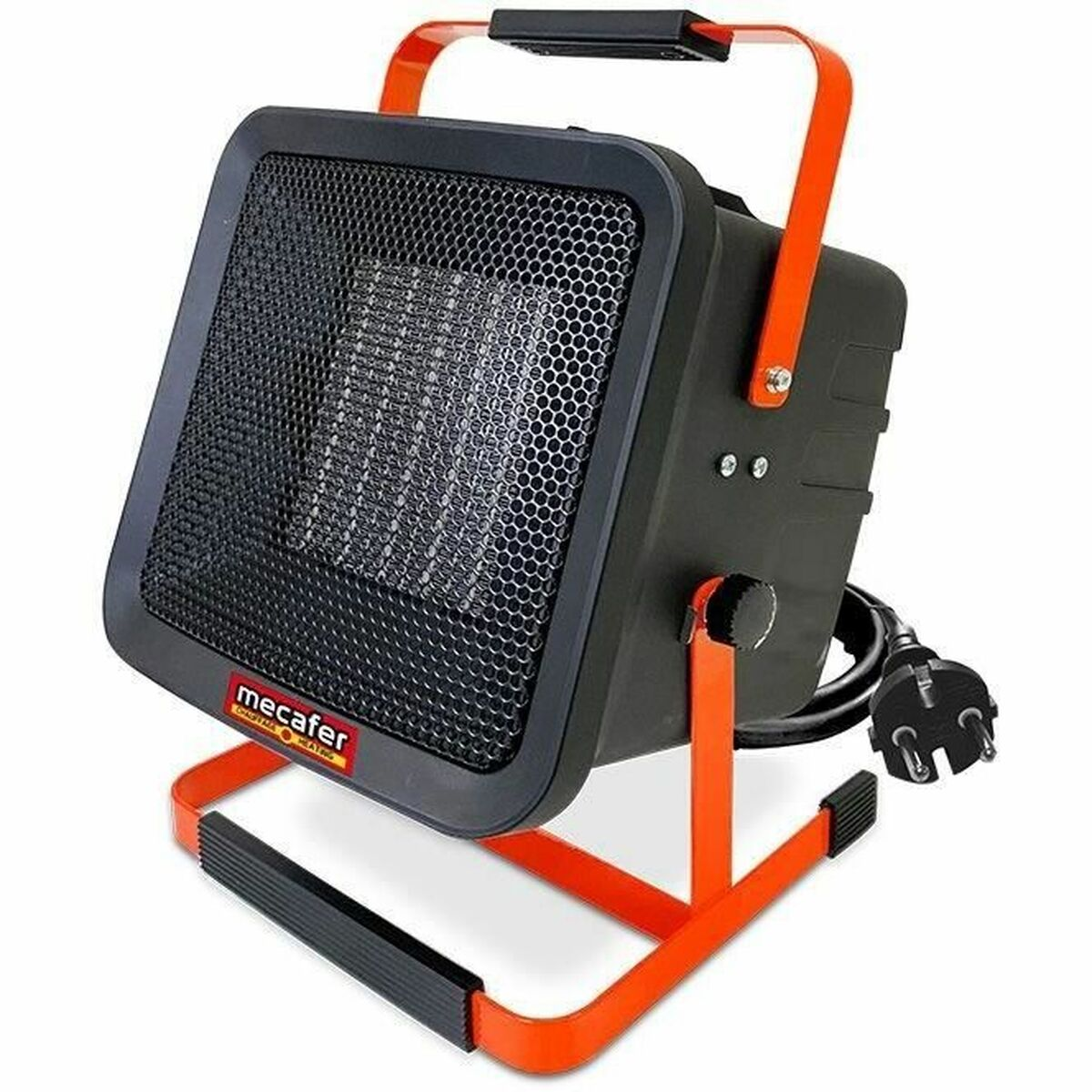Ein tragbarer elektrischer Heizstrahler mit orangefarbenem Ständer und Griff.