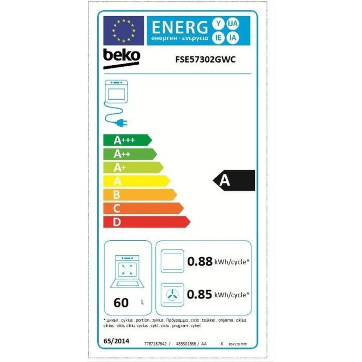 Energielabel für einen Beko Geschirrspüler, Modell FSE57302GWC.
