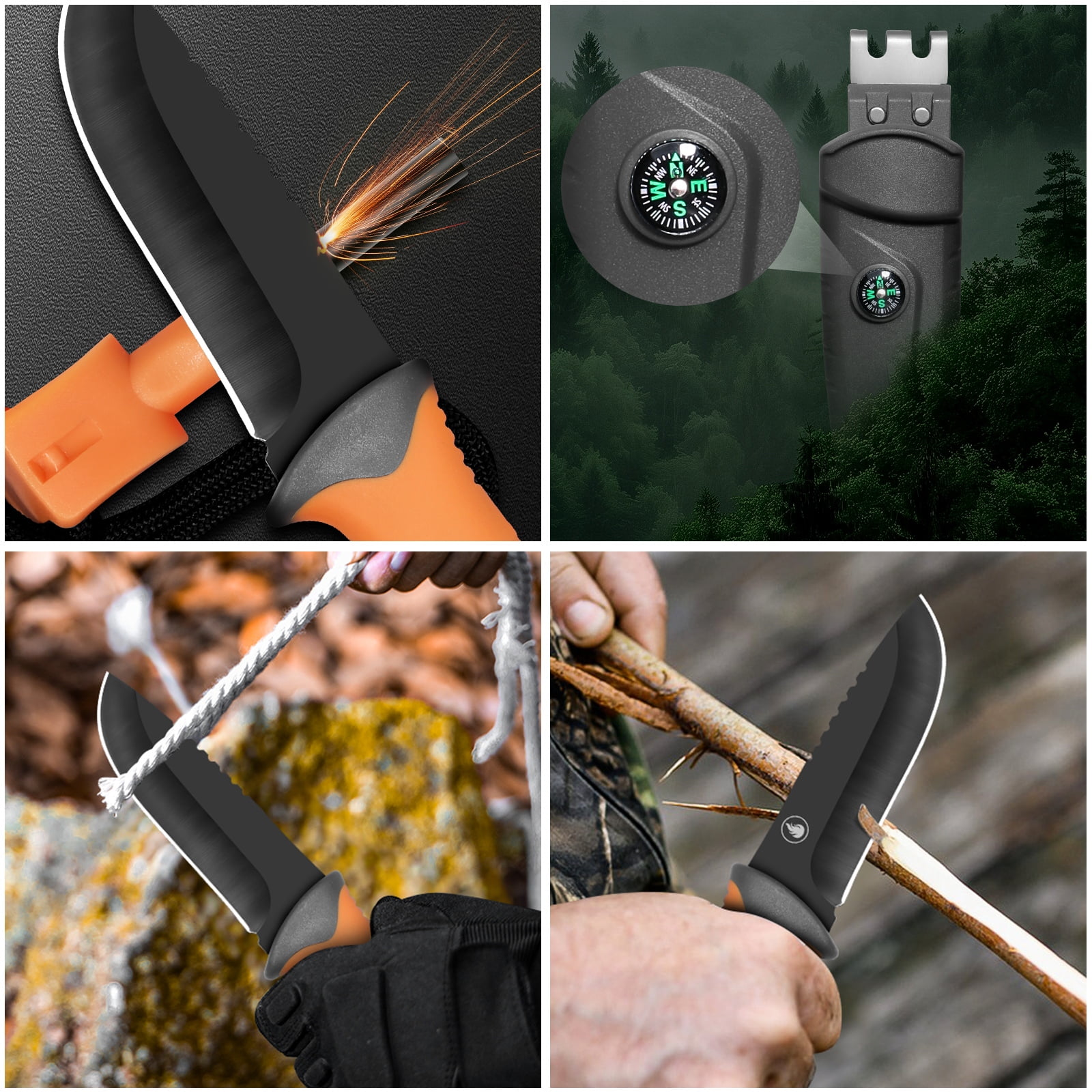 Messer mit orangefarbenem Griff zündet Feuerstein an, daneben ein Messer mit Kompass in Scheide im Wald.