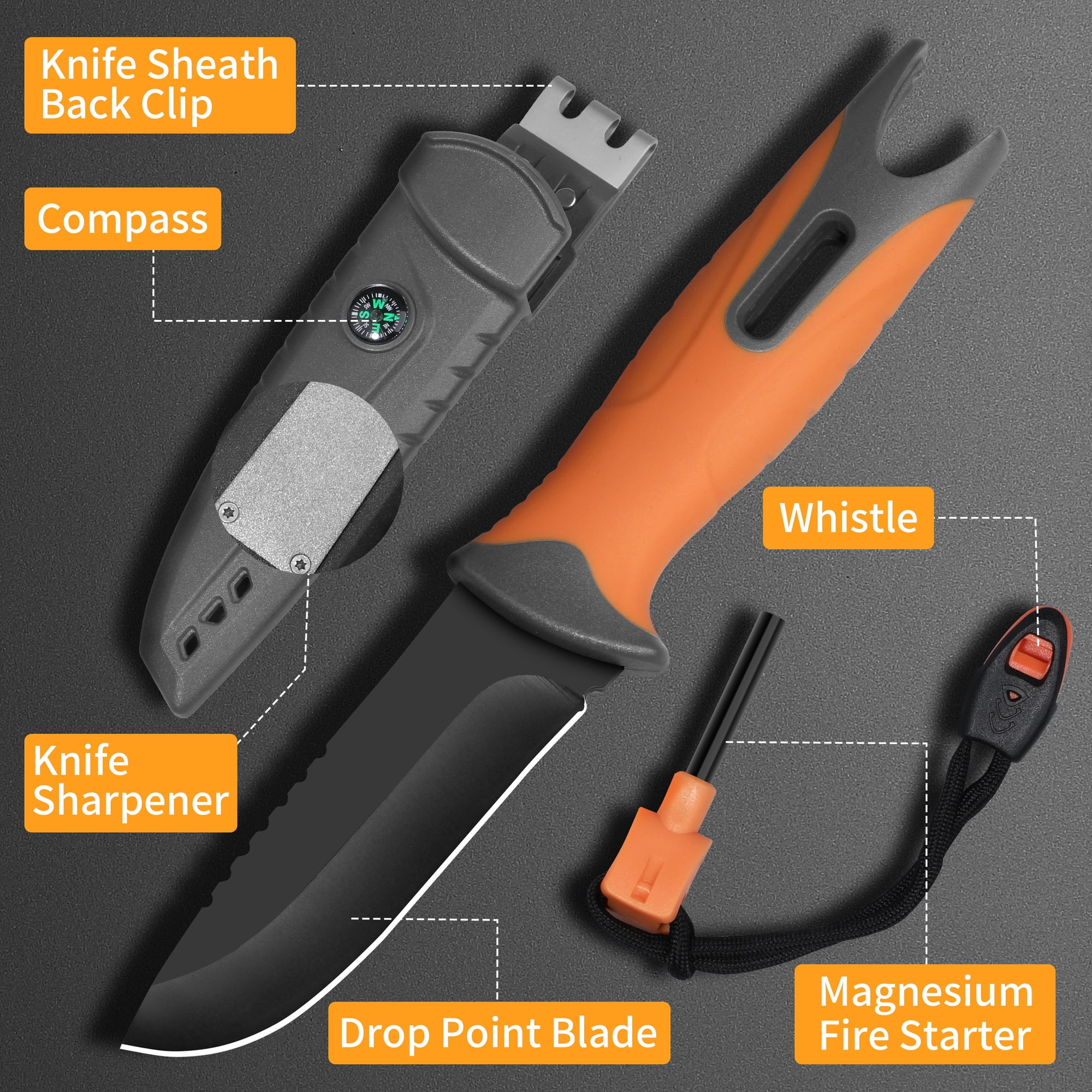 Ein Messer mit orangefarbenem Griff, Scheide mit Kompass, Feuerstarter und Pfeife.