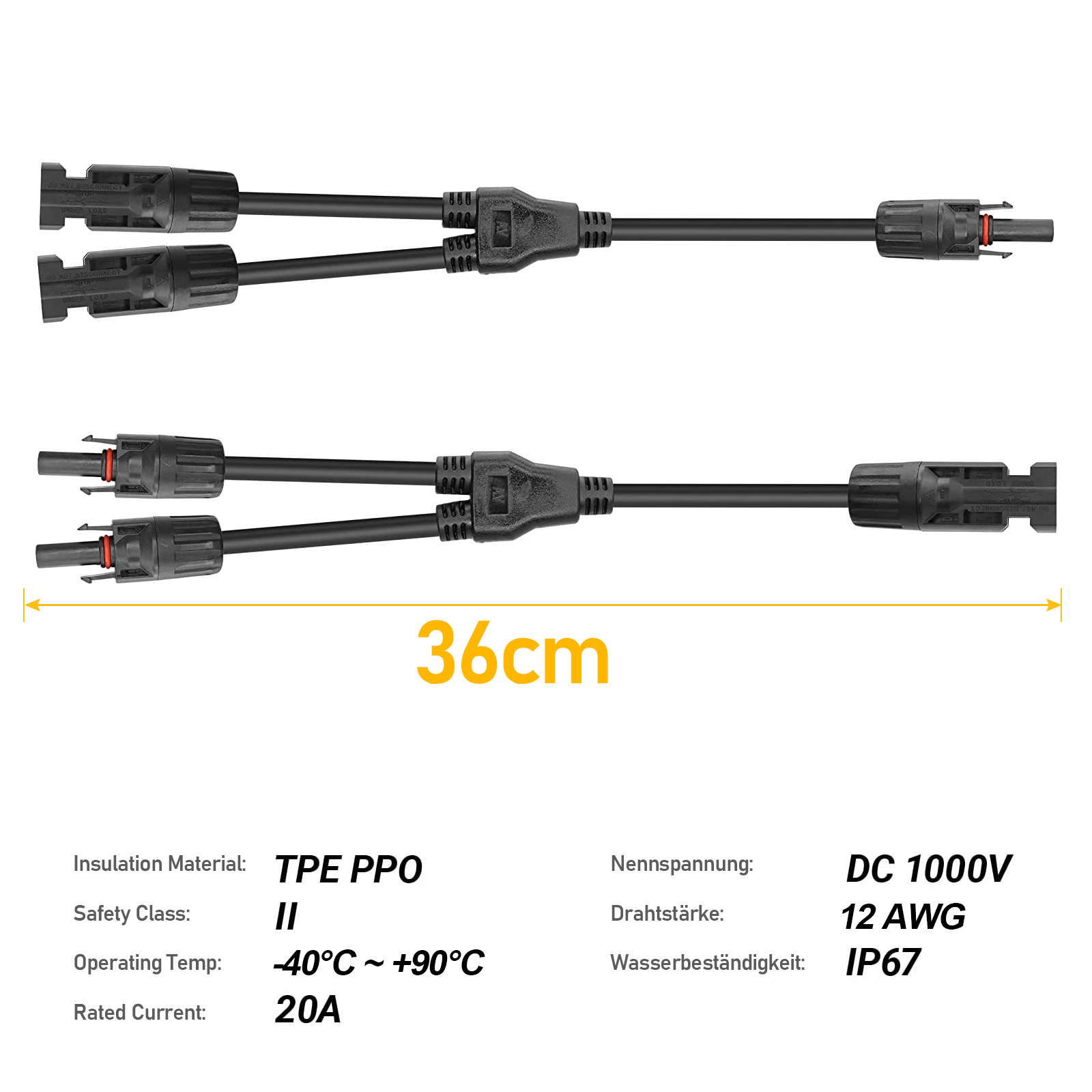 Y-Kabel für Solarmodule, 36cm lang, schwarz, IP67, 1000V.