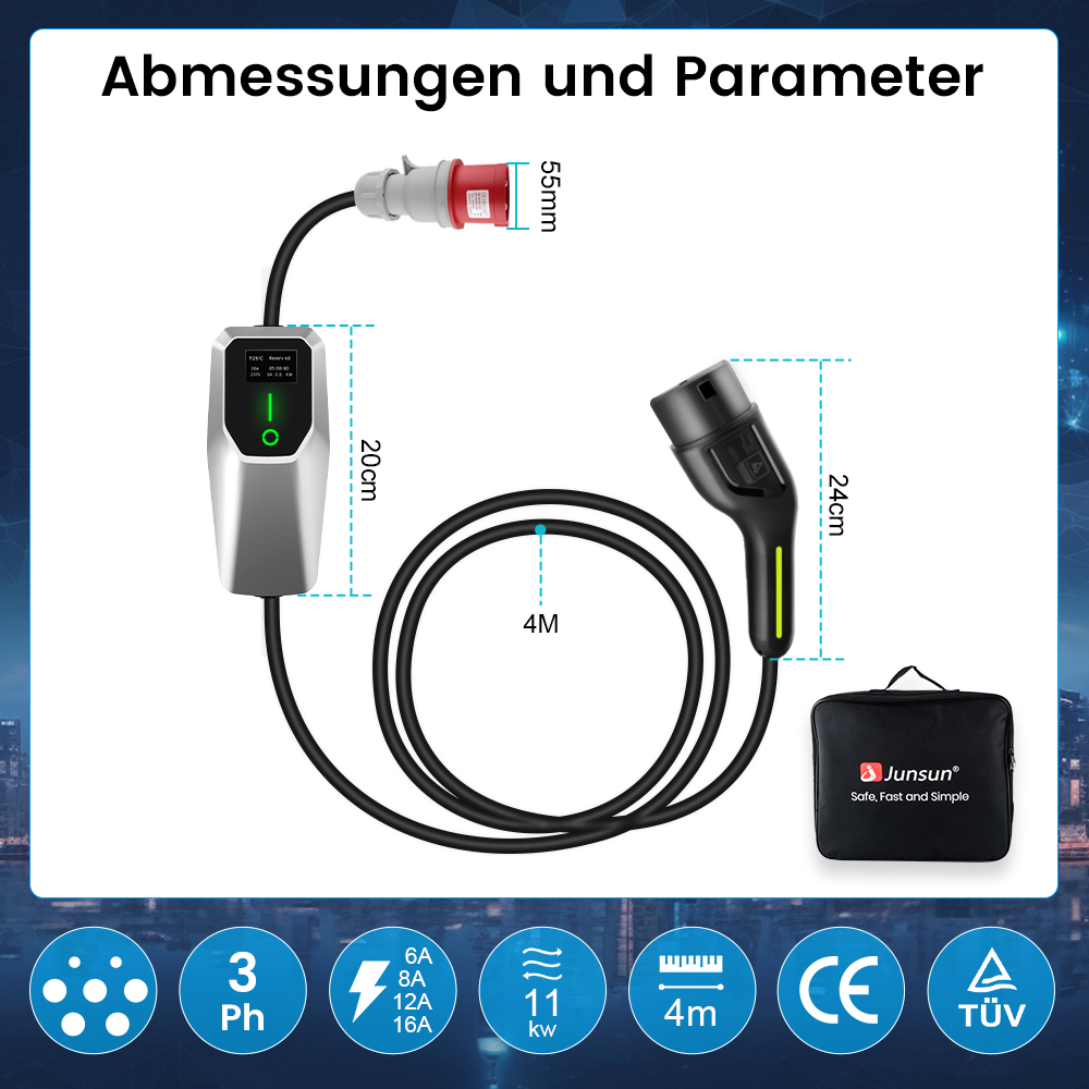 Ladegerät mit Kabel, Stecker und Aufbewahrungstasche, Maße angegeben.