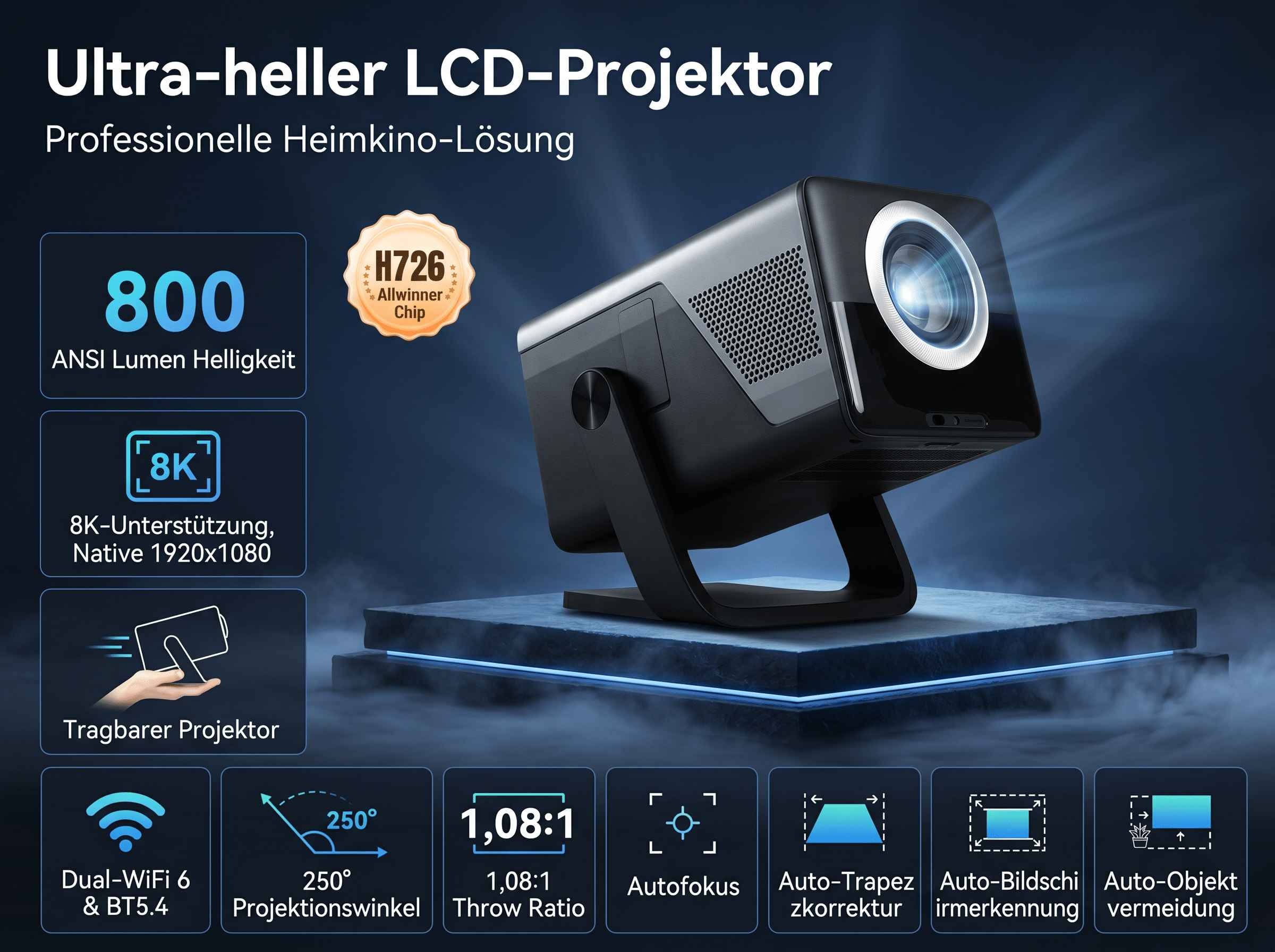 Ein heller LCD-Projektor mit 800 ANSI Lumen, 8K-Unterstützung, 250° Projektionswinkel.