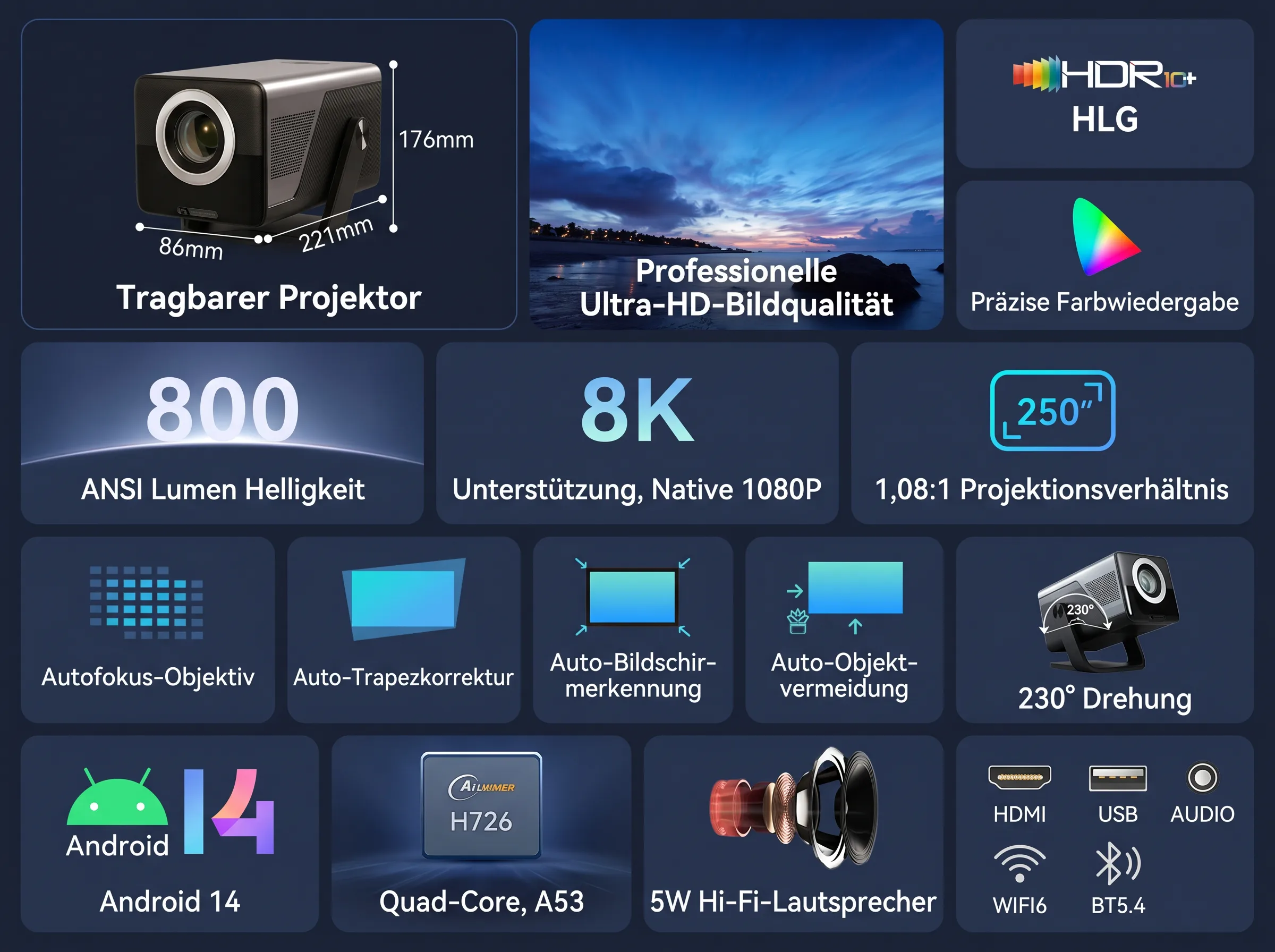 Tragbarer Projektor mit 800 ANSI Lumen, 8K, 1080p, 250 Zoll, HDR10+, Android 14, Quad-Core.