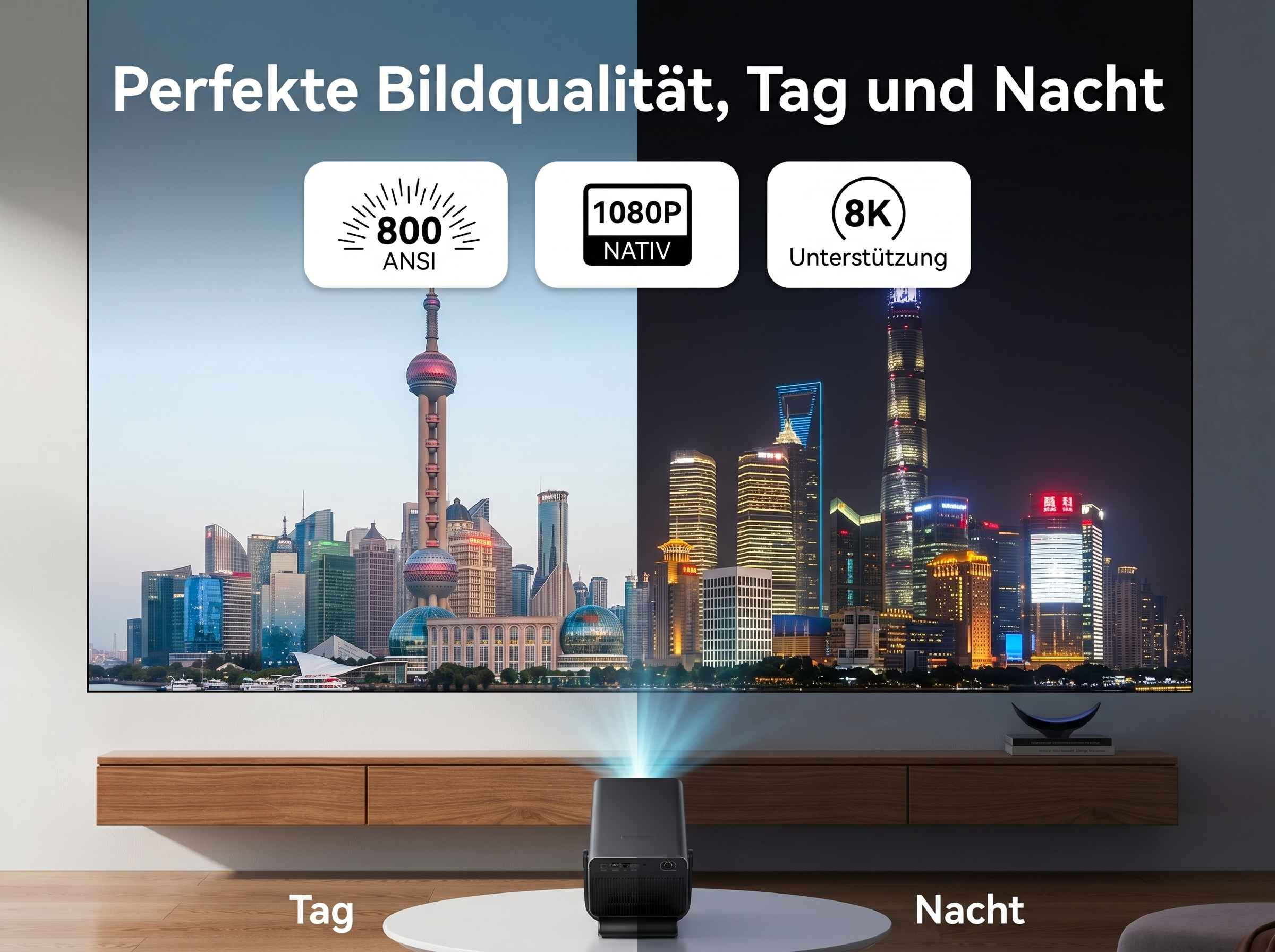 Projektor zeigt Skyline bei Tag und Nacht mit 800 ANSI, 1080P Nativ, 8K Unterstützung.