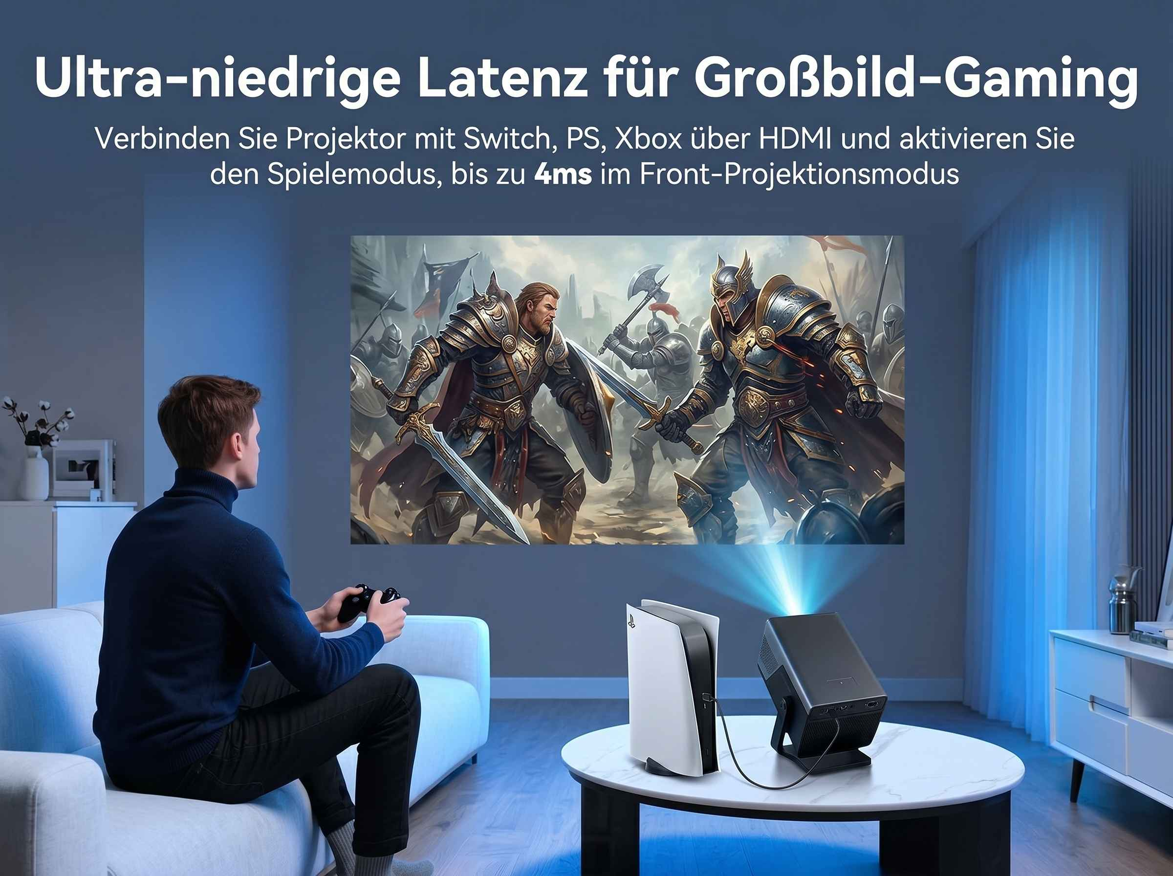 Mann spielt Videospiel auf projiziertem Bildschirm, mit Konsole und Projektor.