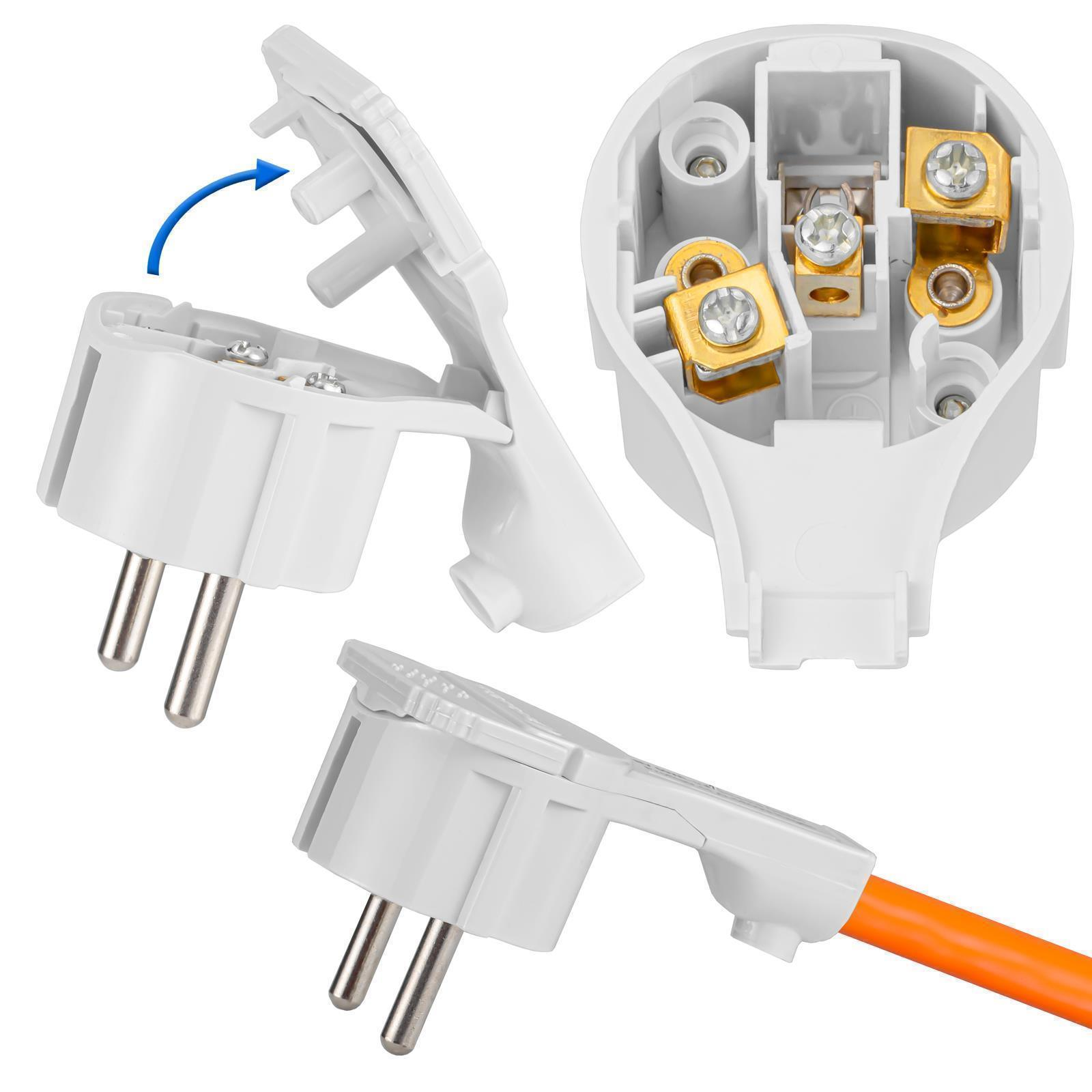 Ein weißer Stecker mit drei Metallstiften und Schraubklemmen.